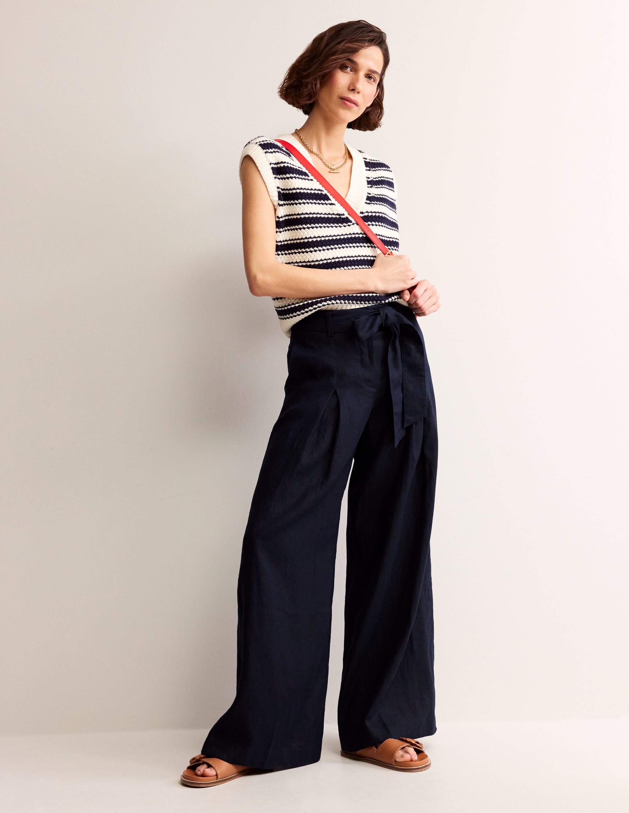 Palazzo Linen Trousers-Navy - Image 1
