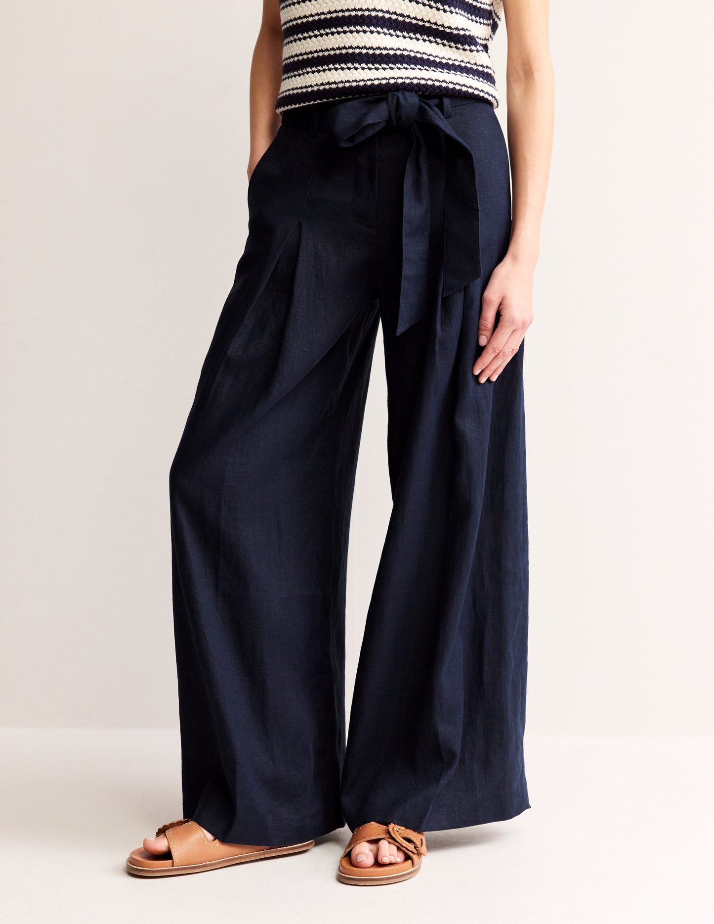 Palazzo Linen Trousers-Navy