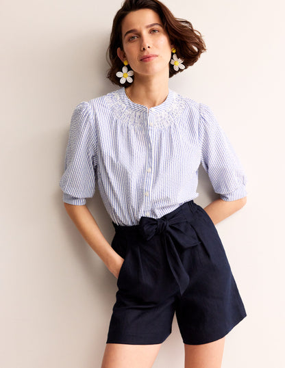 Tie Waist Linen Shorts-Navy-1