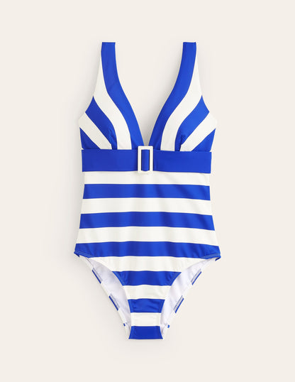 Resin Buckle V-neck Swimsuit-Blue/Ivory Stripe-5