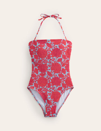 Milos Smocked Bandeau Swimsuit-Fire Cracker, Gardenia Swirl-5