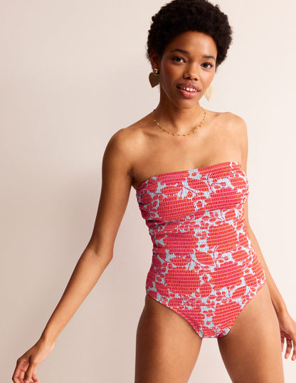 Milos Smocked Bandeau Swimsuit-Fire Cracker, Gardenia Swirl-1