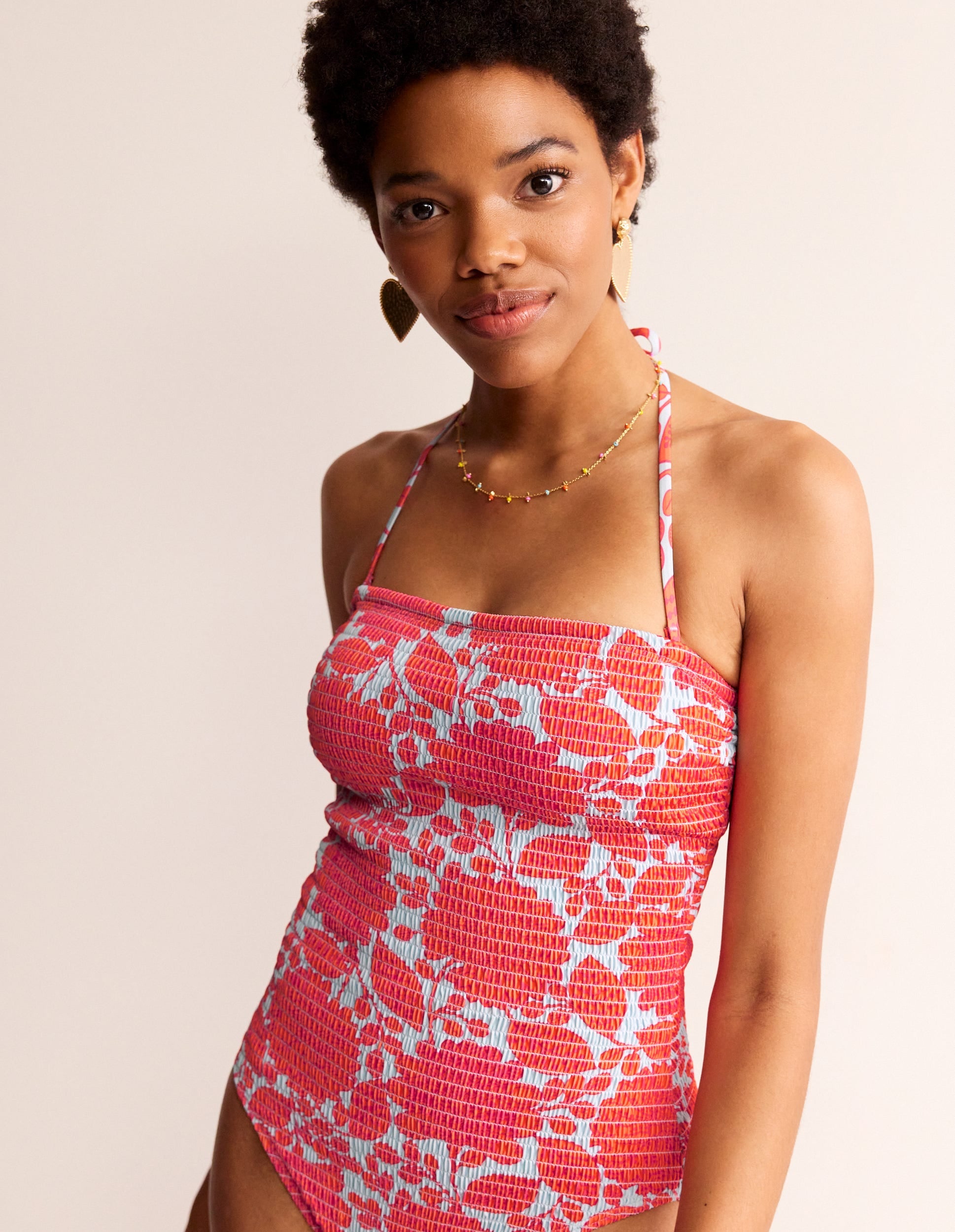 Milos Smocked Bandeau Swimsuit-Fire Cracker, Gardenia Swirl-4