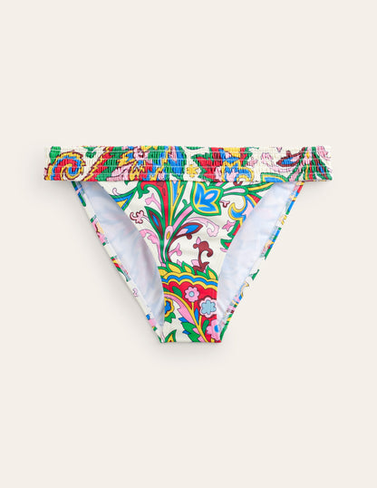 Milos Smocked Bikini Bottoms-Ivory, Paisley Azure