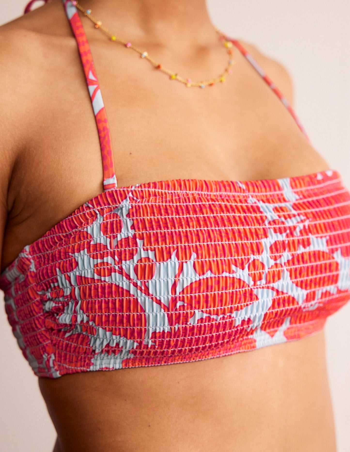 Milos Smocked  Bikini Top-Fire Cracker, Gardenia Swirl