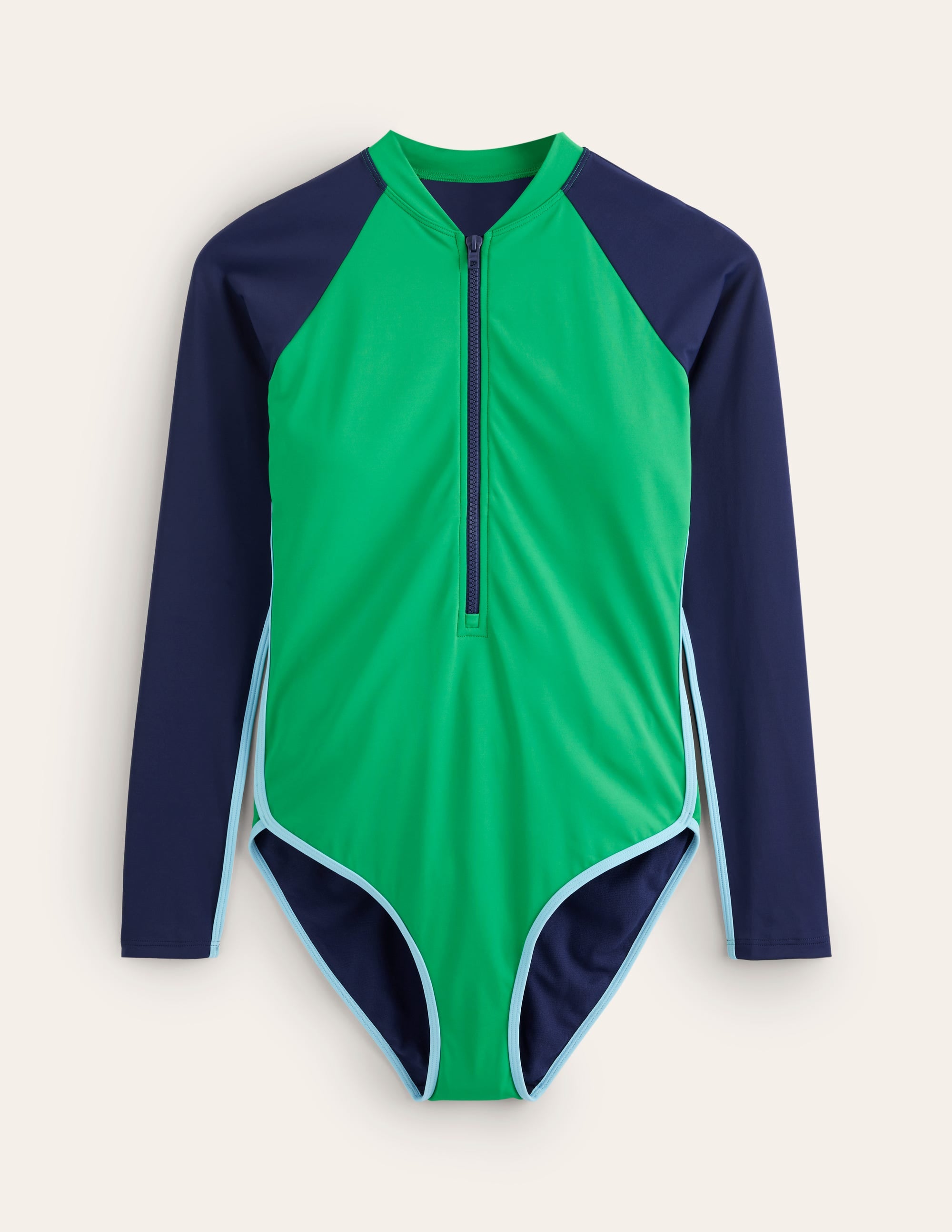 Piped Raglan Sleeve Swimsuit-Navy/ Green Colourblock - Image 5