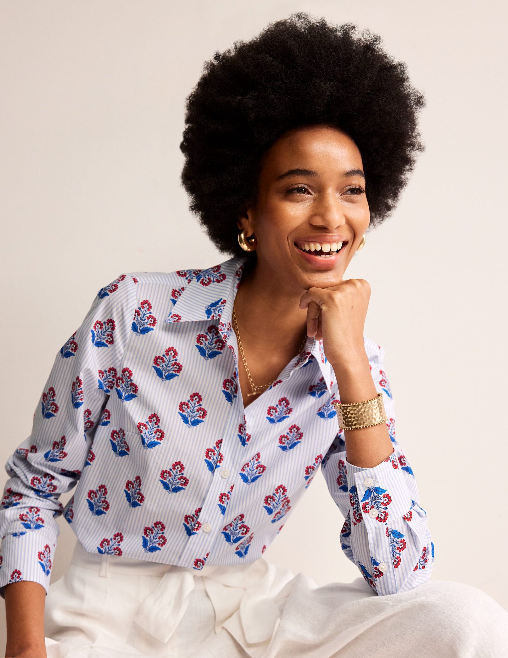 Sienna Cotton Shirt-Mandarin Red, Floret Stem-1