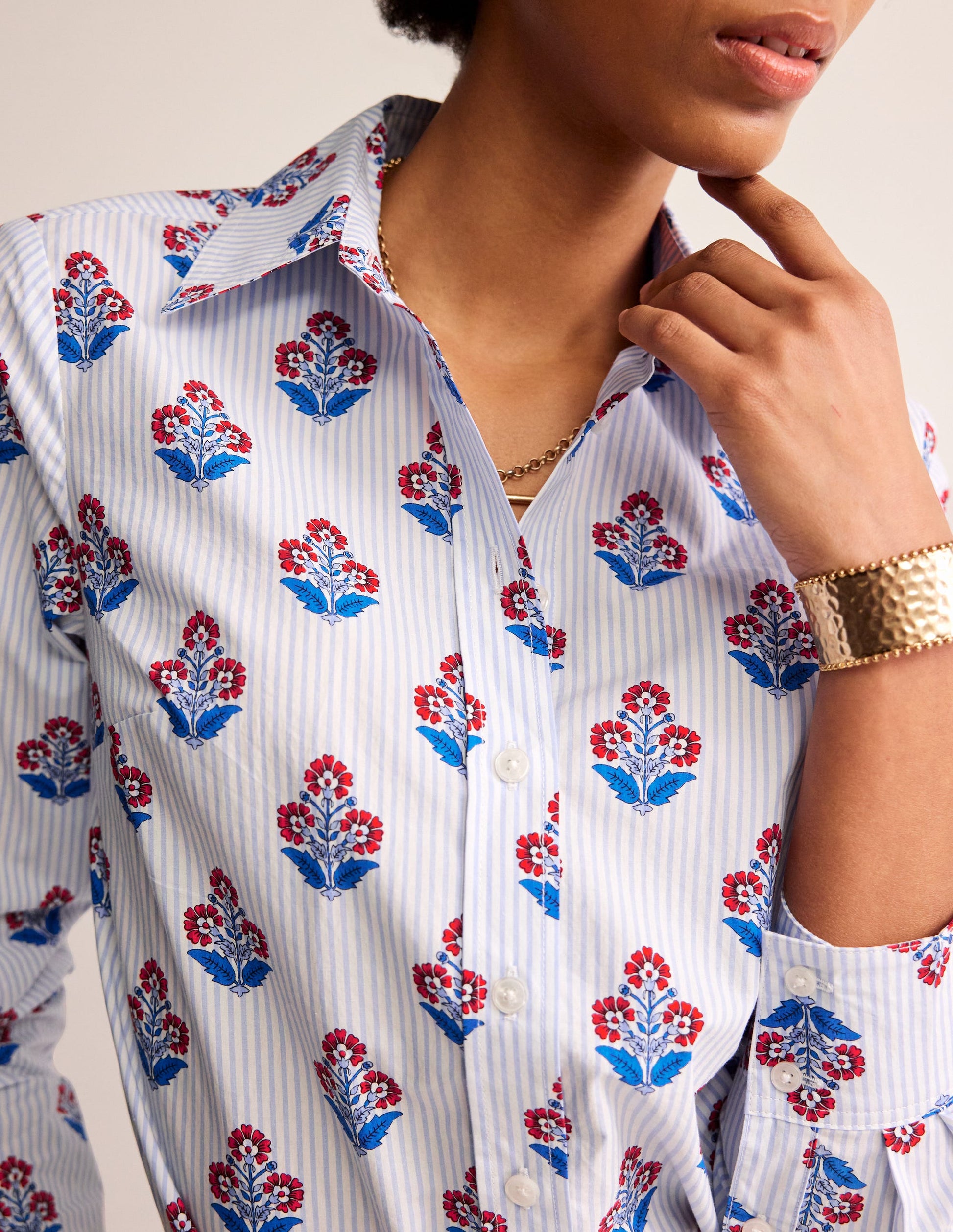 Sienna Cotton Shirt-Mandarin Red, Floret Stem-2