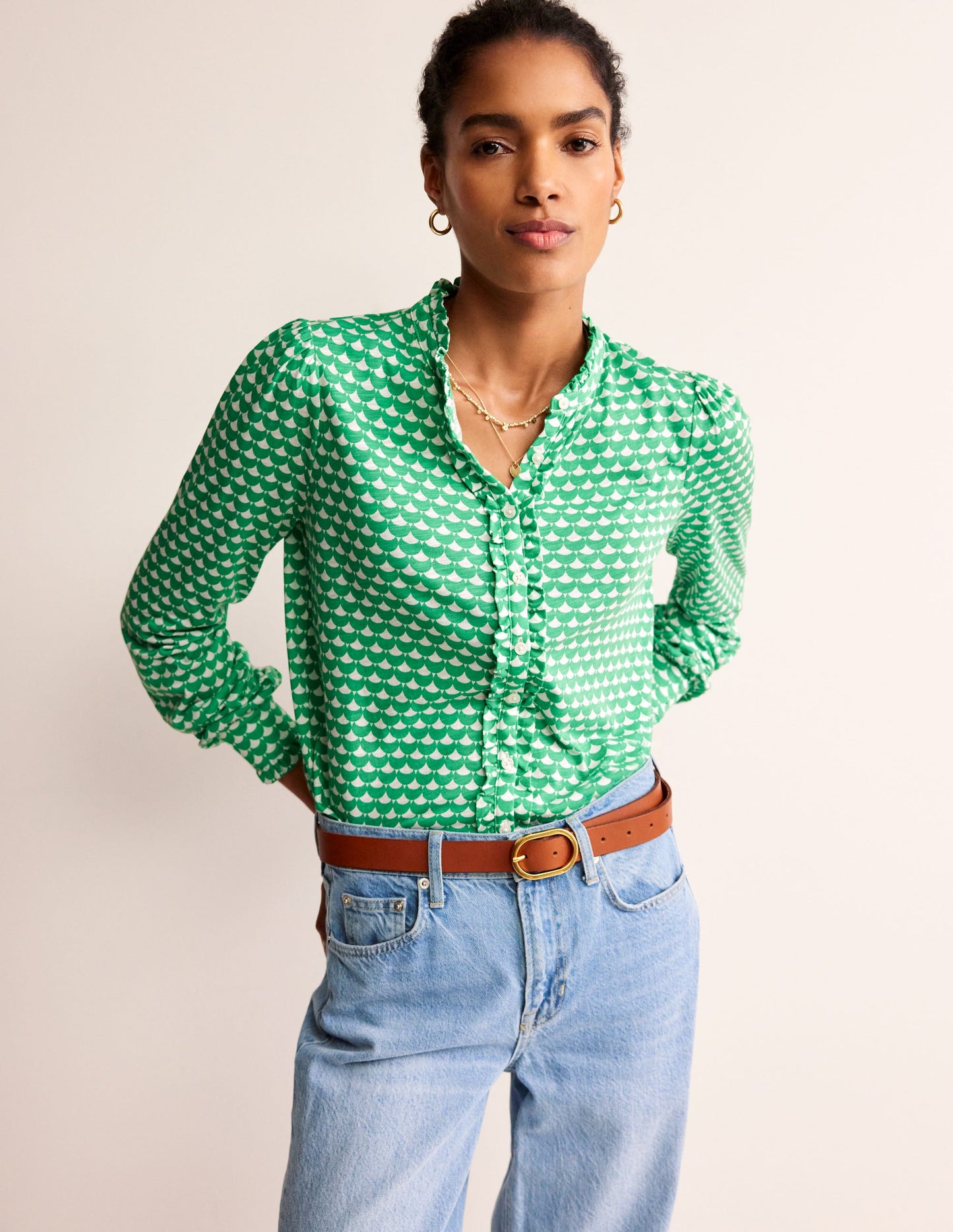 Caroline Jersey Shirt-Ming Green, Crescent Stamp
