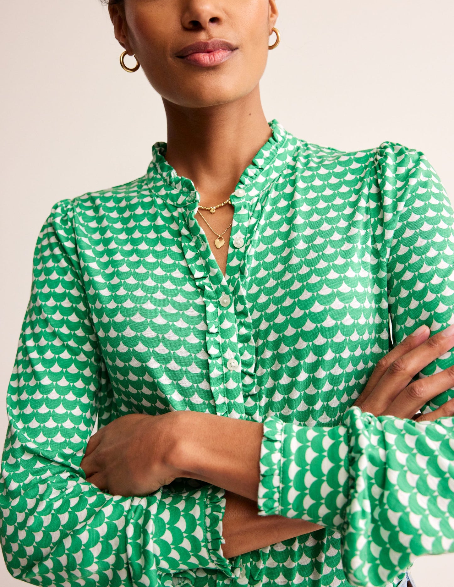 Caroline Jersey Shirt-Ming Green, Crescent Stamp