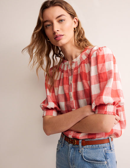 Ada Linen Top-Porcelain Rose, Gingham