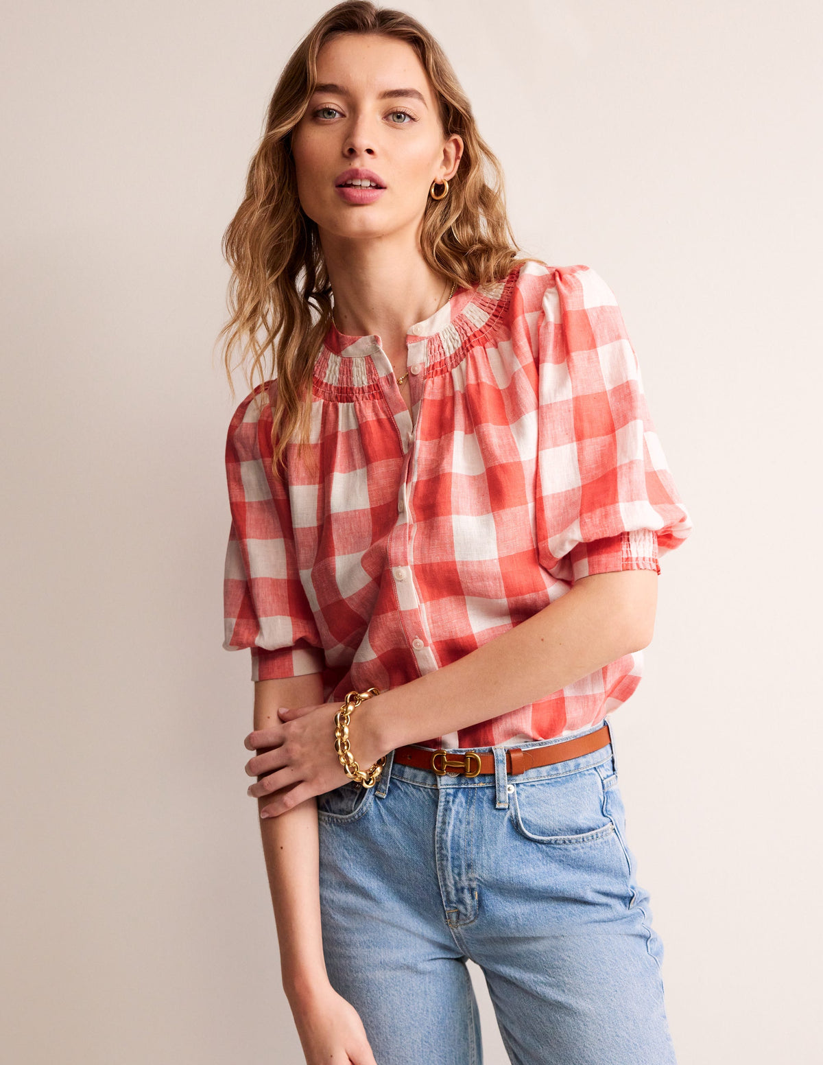 Ada Linen Top-Porcelain Rose, Gingham - Image 4