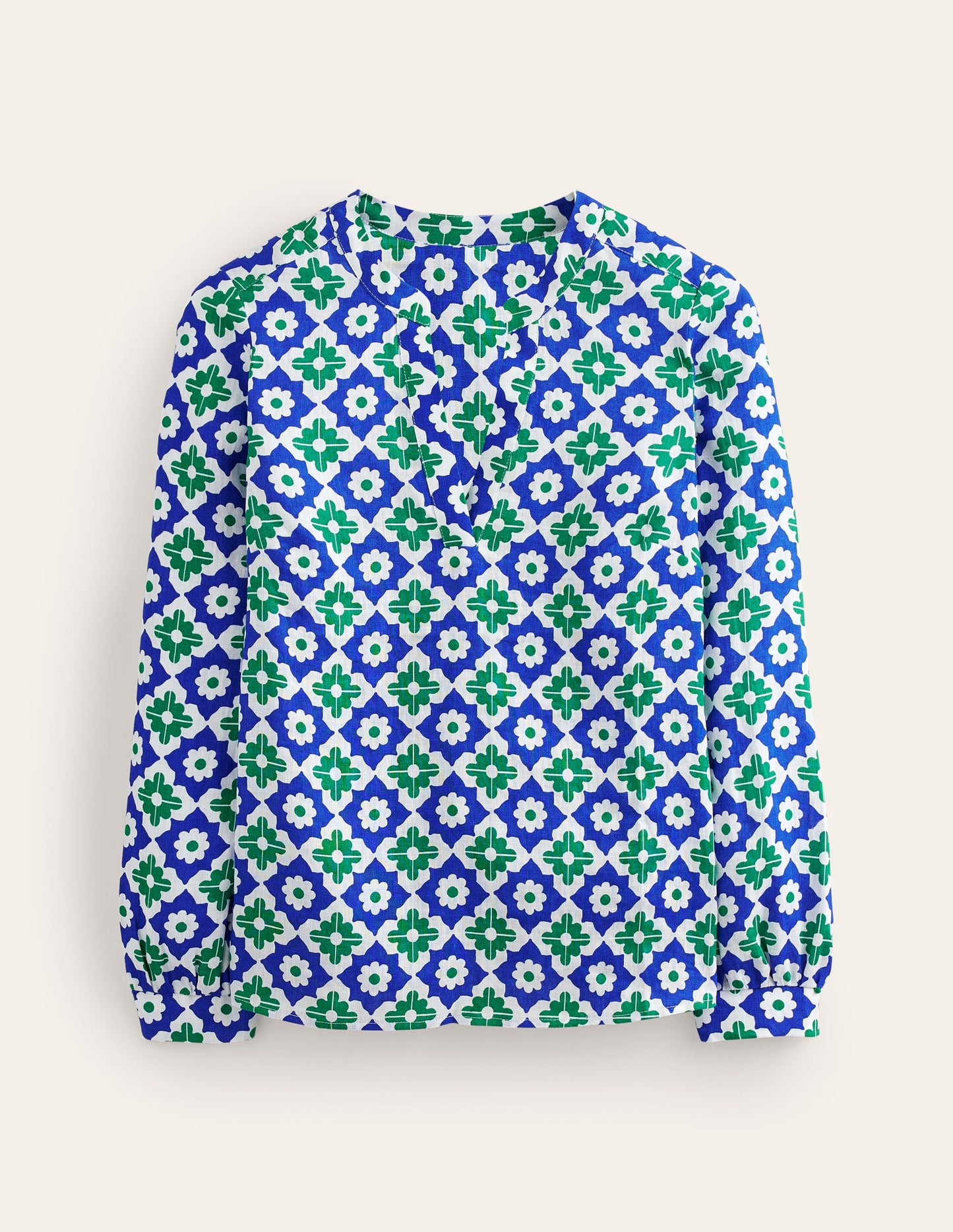 Alice Linen Top-Green, Geometric Stamp