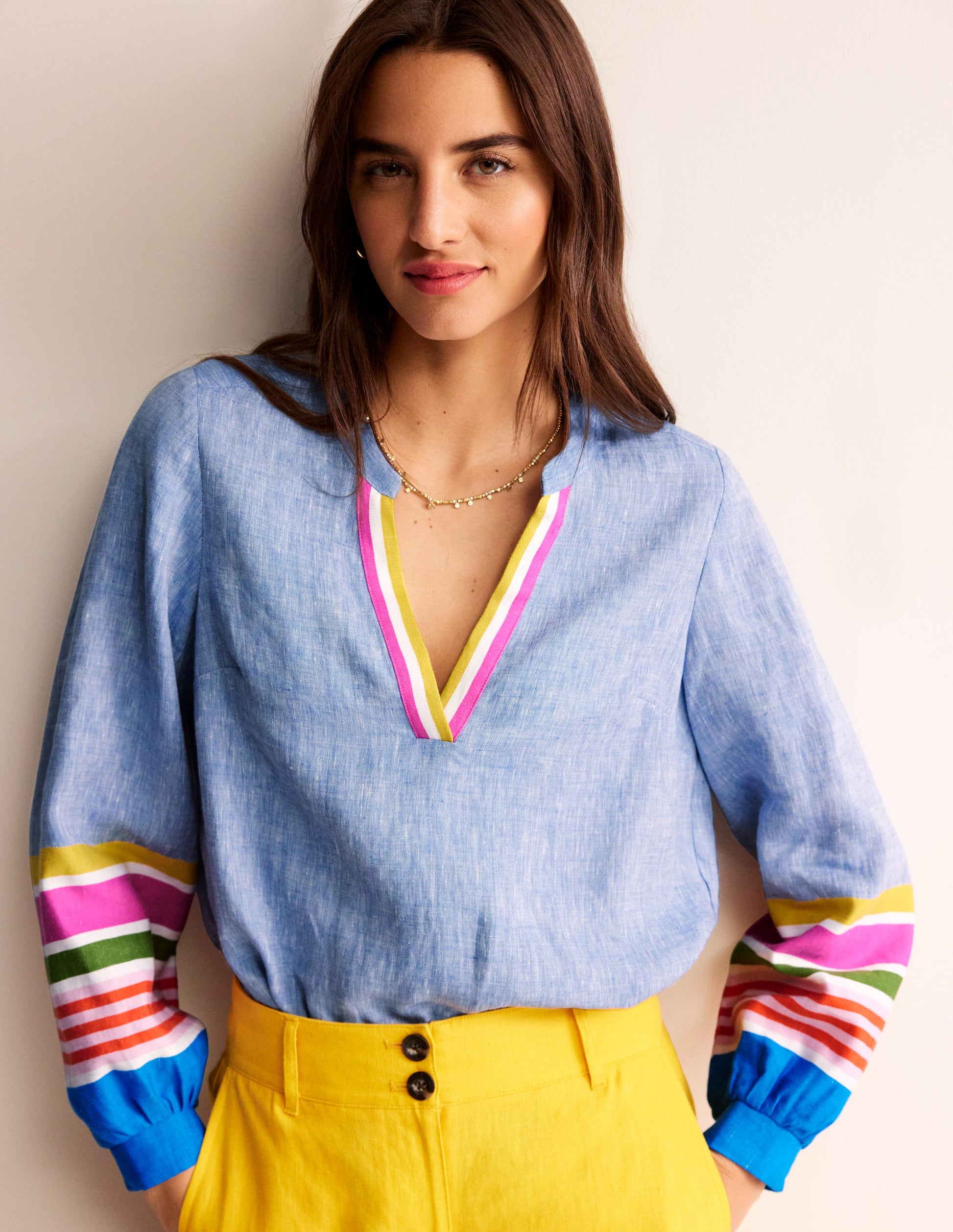Alice Linen Top-Blue and Varigated Multistripe-1