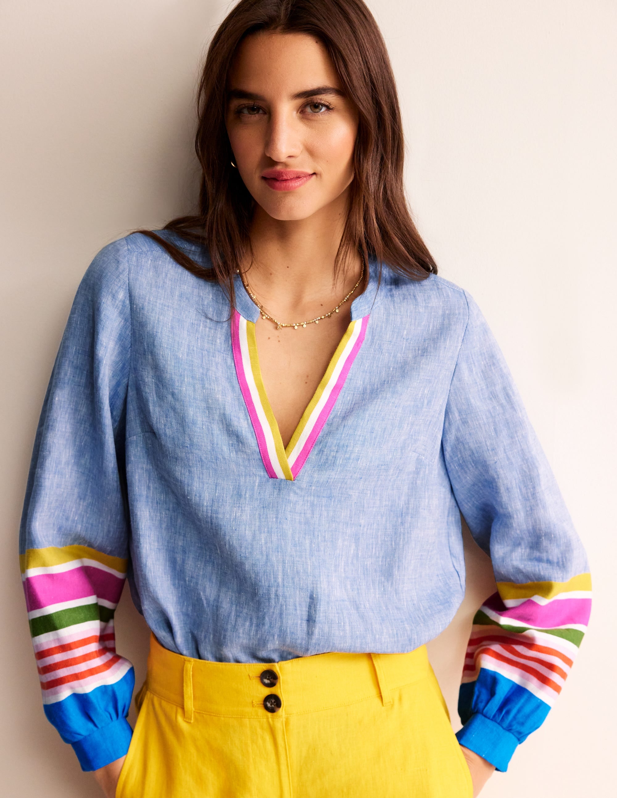 Alice Linen Top-Blue and Varigated Multistripe - Image 1