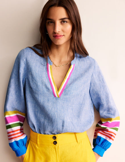 Alice Linen Top-Blue and Varigated Multistripe