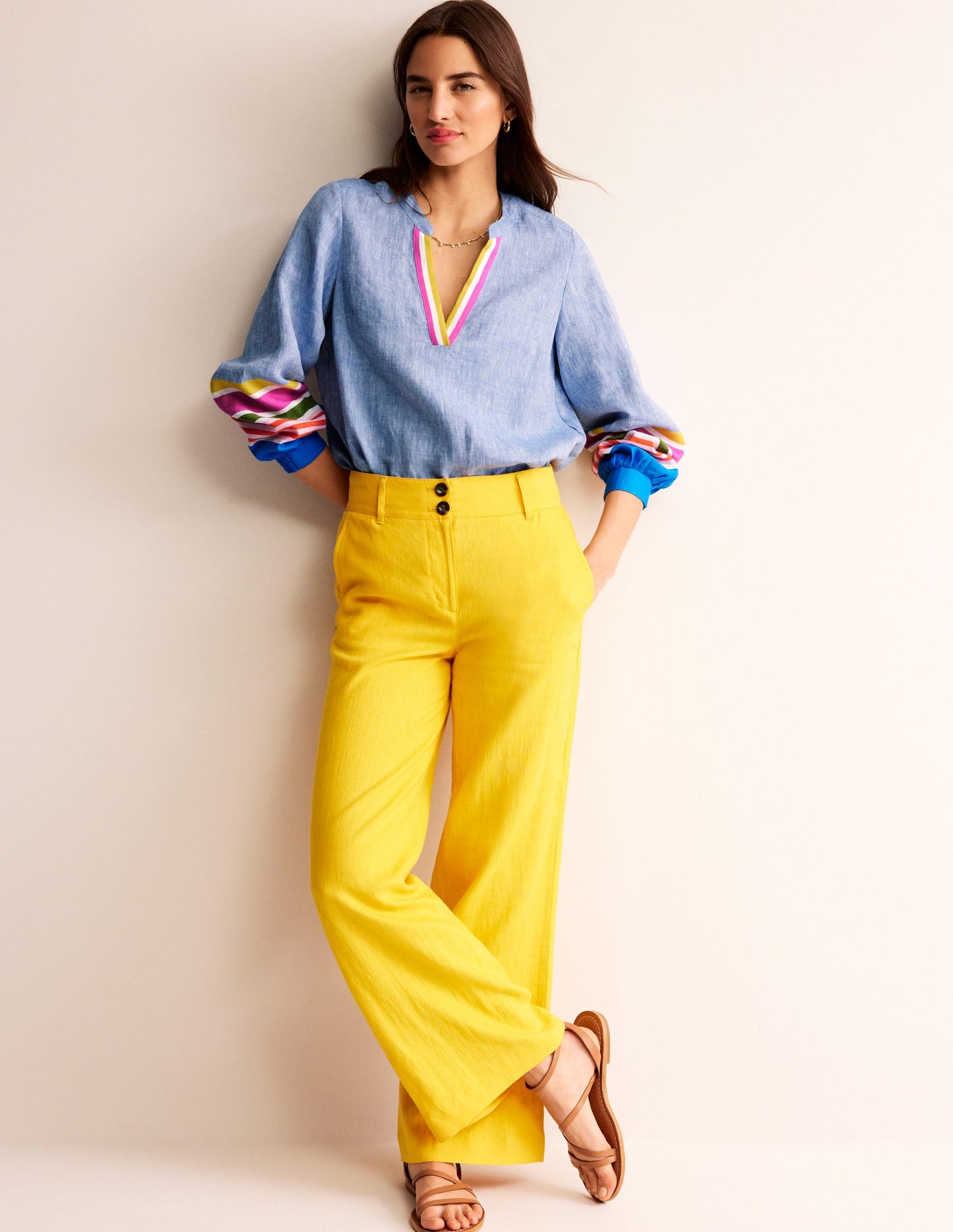 Alice Linen Top-Blue and Varigated Multistripe