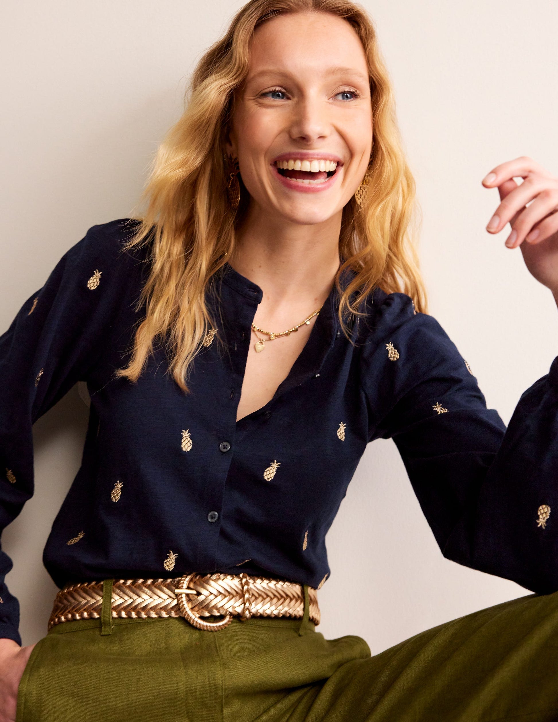 Marina Embroidered Shirt-Navy, Pineapple Embroidery-1