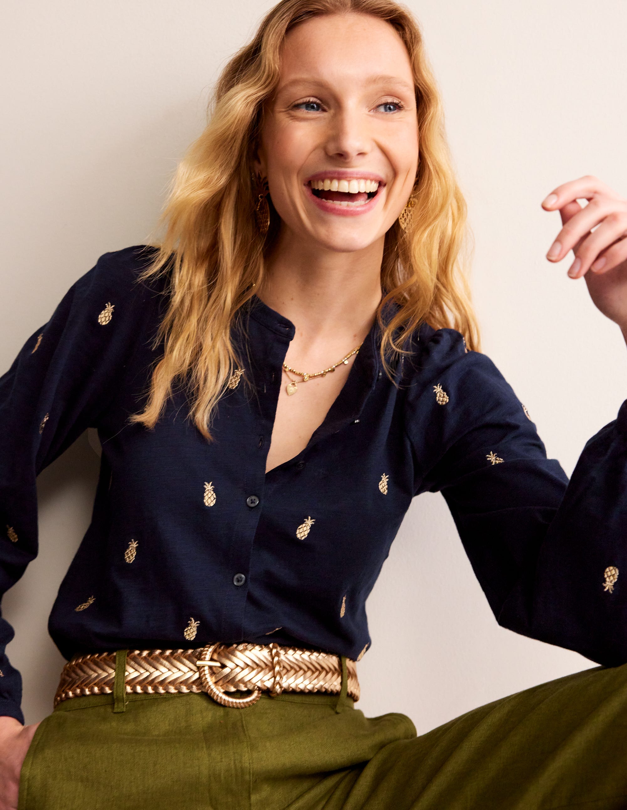 Marina Embroidered Shirt-Navy, Pineapple Embroidery - Image 1