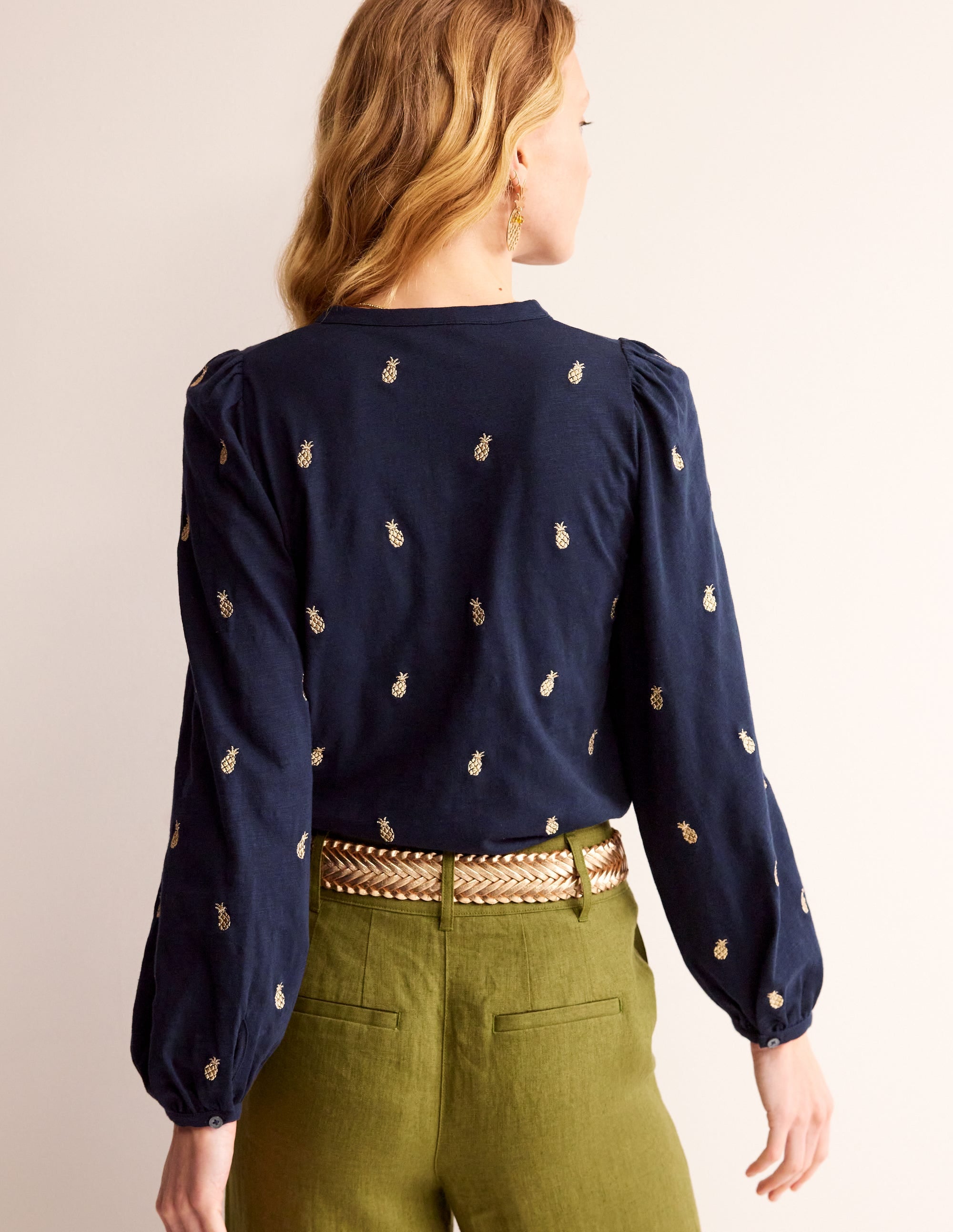 Marina Embroidered Shirt-Navy, Pineapple Embroidery - Image 3