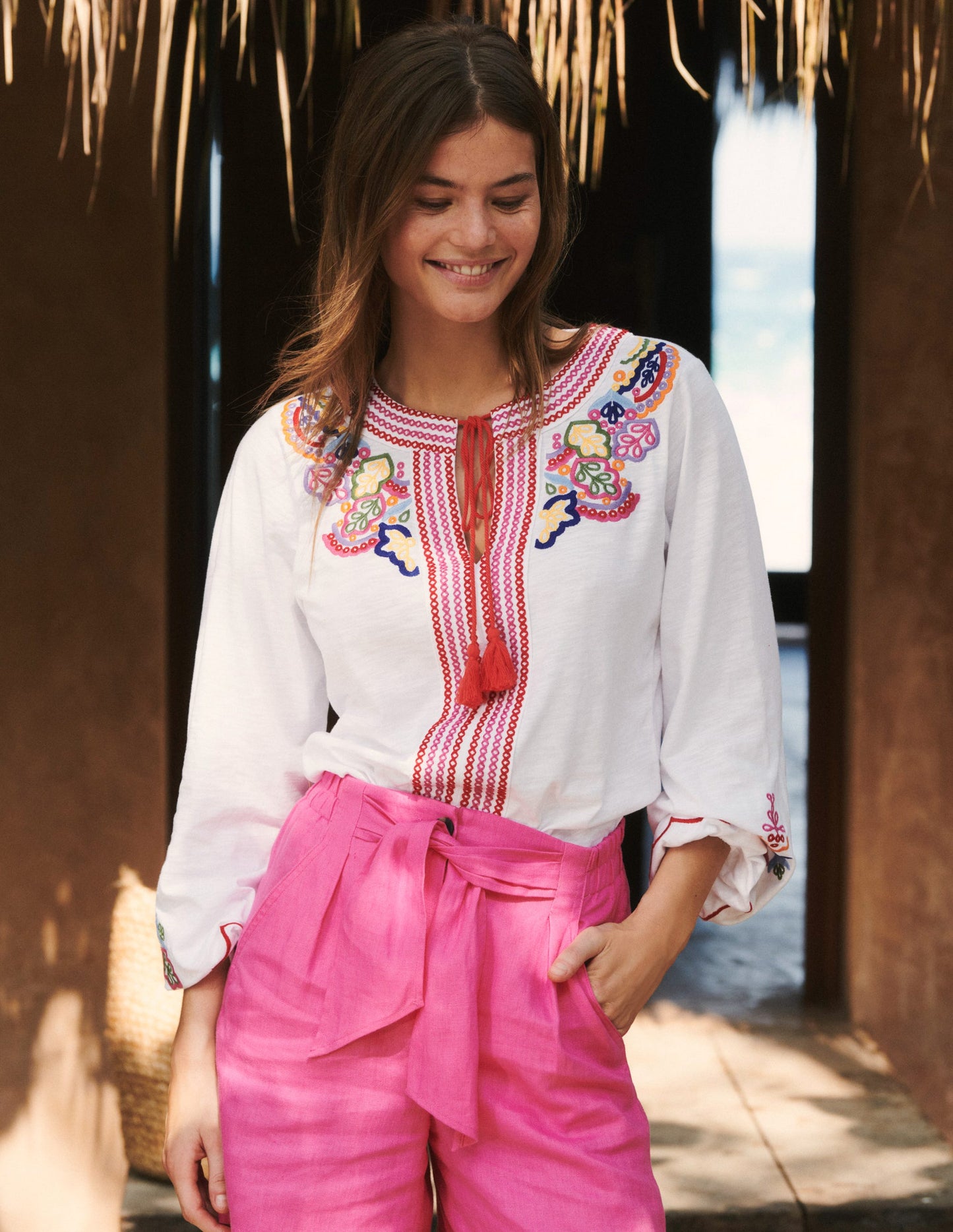 Diana Embroidered Tie Neck Top-White Embroidery