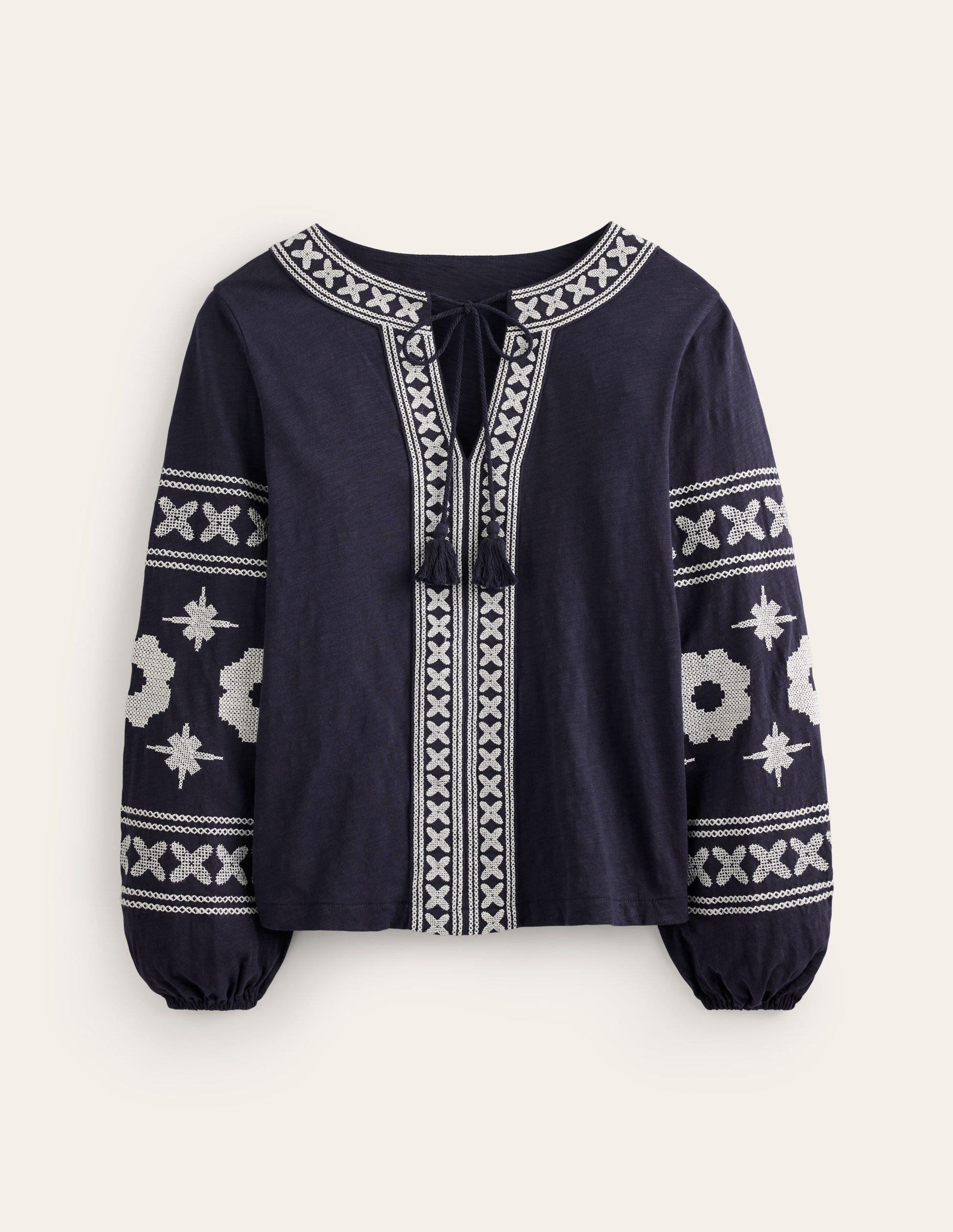 Diana Embroidered Tie Neck Top-Navy-5