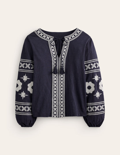 Diana Embroidered Tie Neck Top-Navy-5