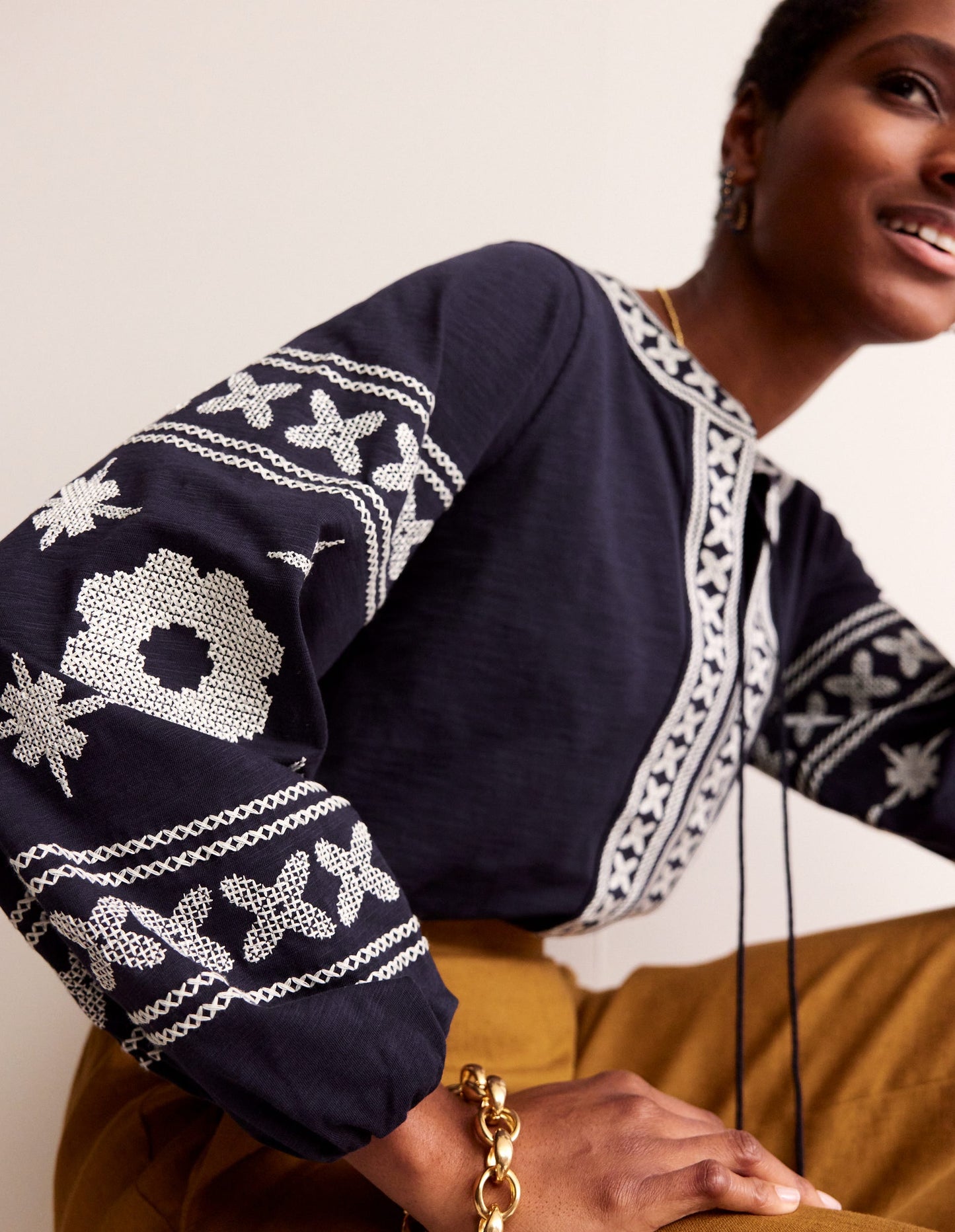 Diana Embroidered Tie Neck Top-Navy