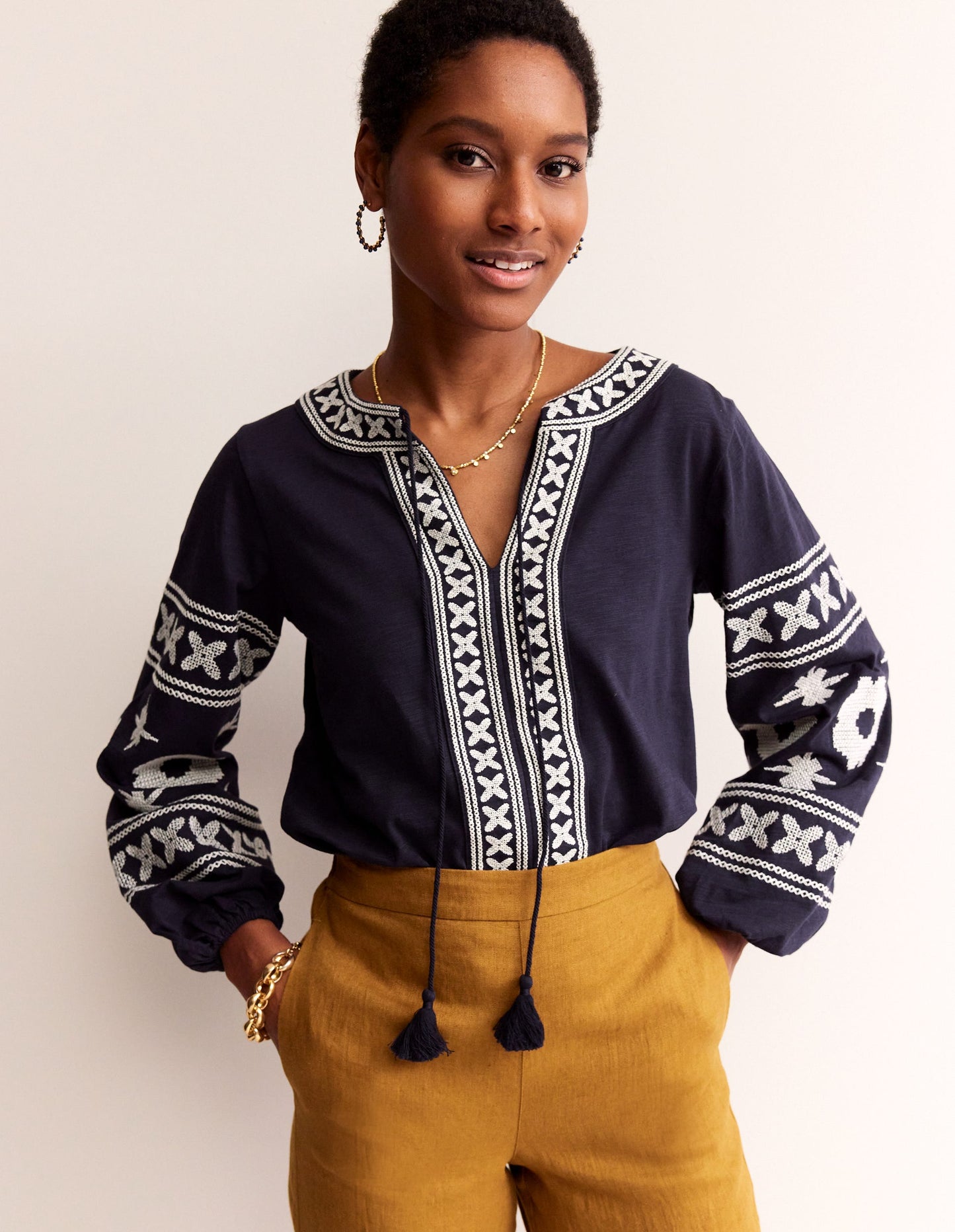 Diana Embroidered Tie Neck Top-Navy