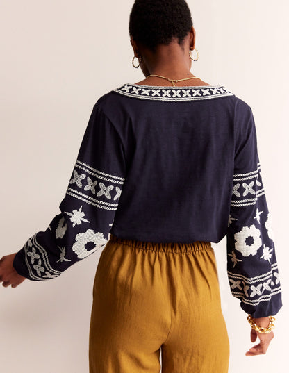 Diana Embroidered Tie Neck Top-Navy-3