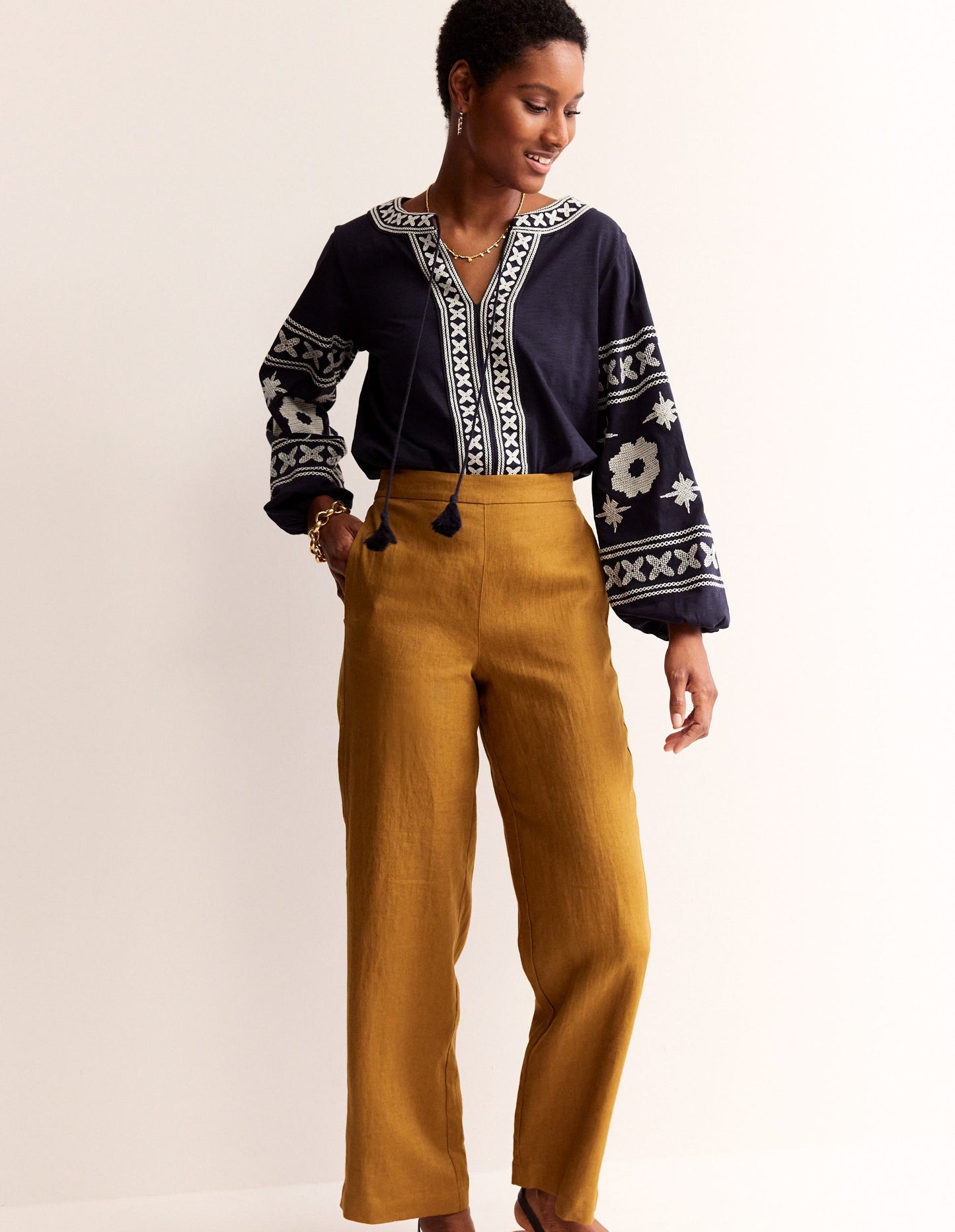 Diana Embroidered Tie Neck Top-Navy