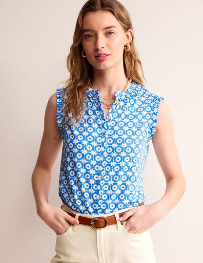 Olive Sleeveless Shirt-Brilliant Blue, Blossom Tile