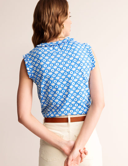 Olive Sleeveless Shirt-Brilliant Blue, Blossom Tile