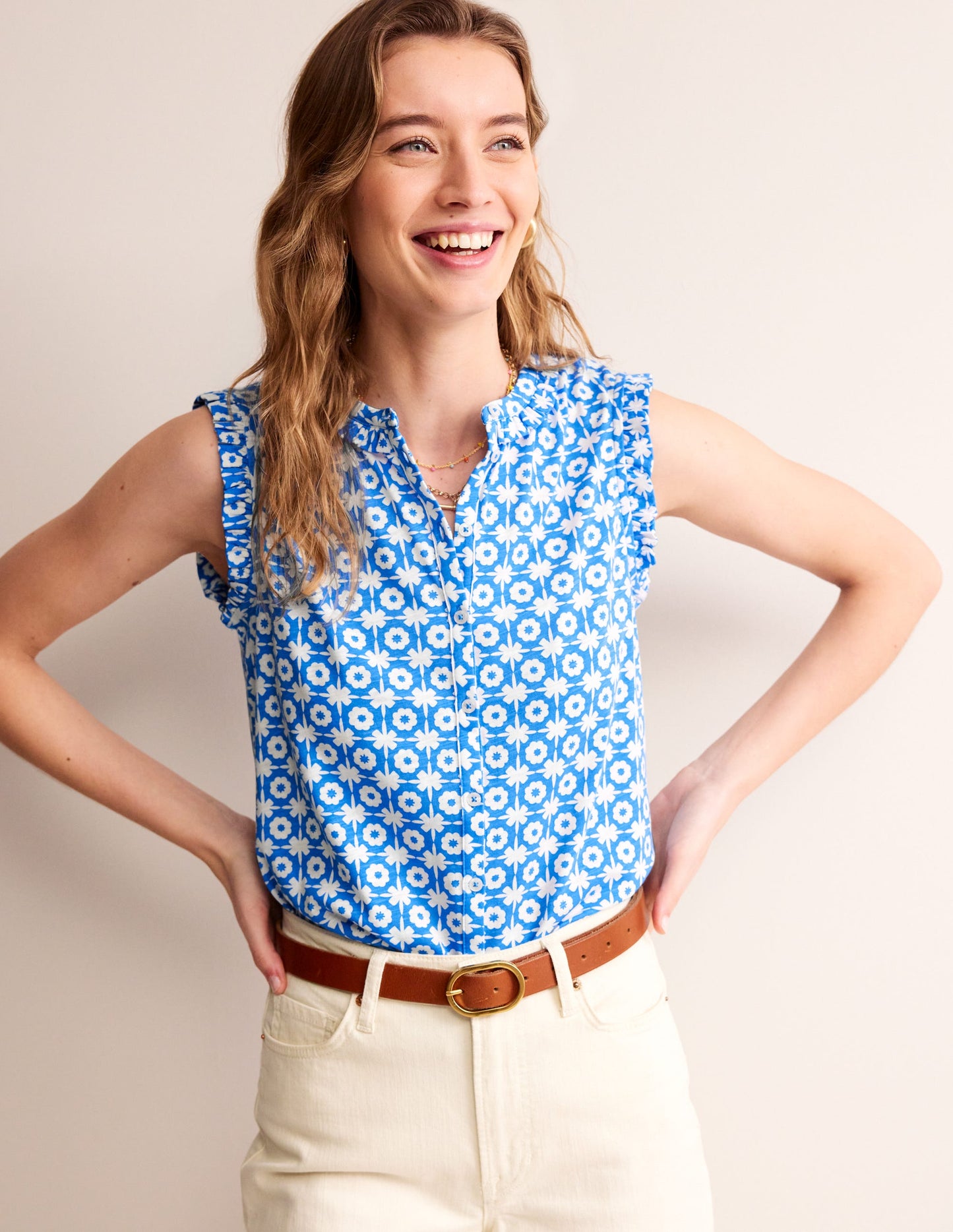 Olive Sleeveless Shirt-Brilliant Blue, Blossom Tile