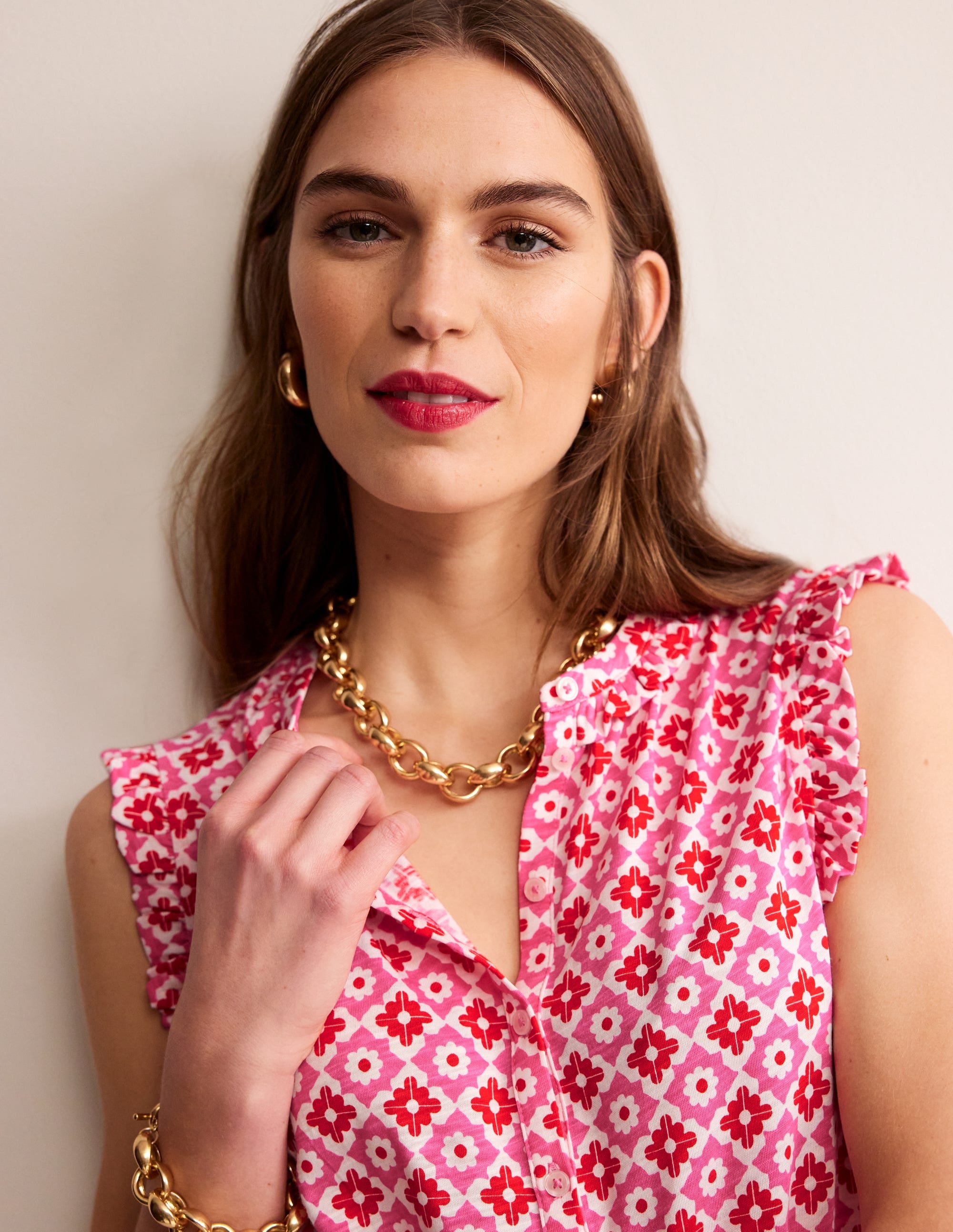 Olive Sleeveless Shirt-Pink Power, Geometric Stamp - Image 1