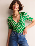 Wrap Front Jersey Top-Green Tambourine, Flora Stamp