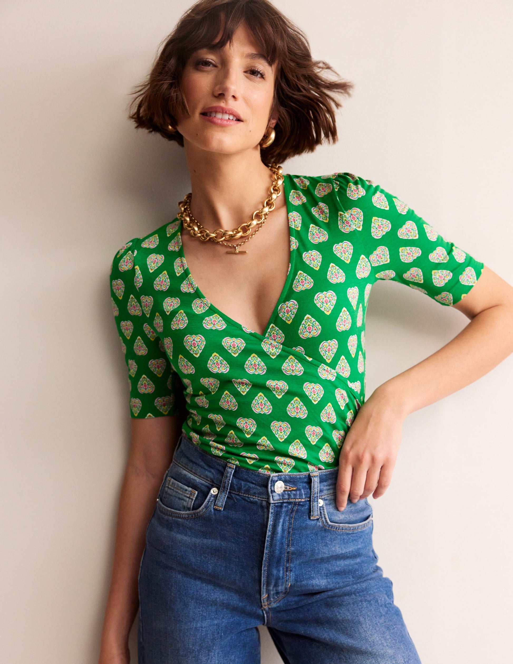 Wrap Front Jersey Top-Green Tambourine, Flora Stamp-1