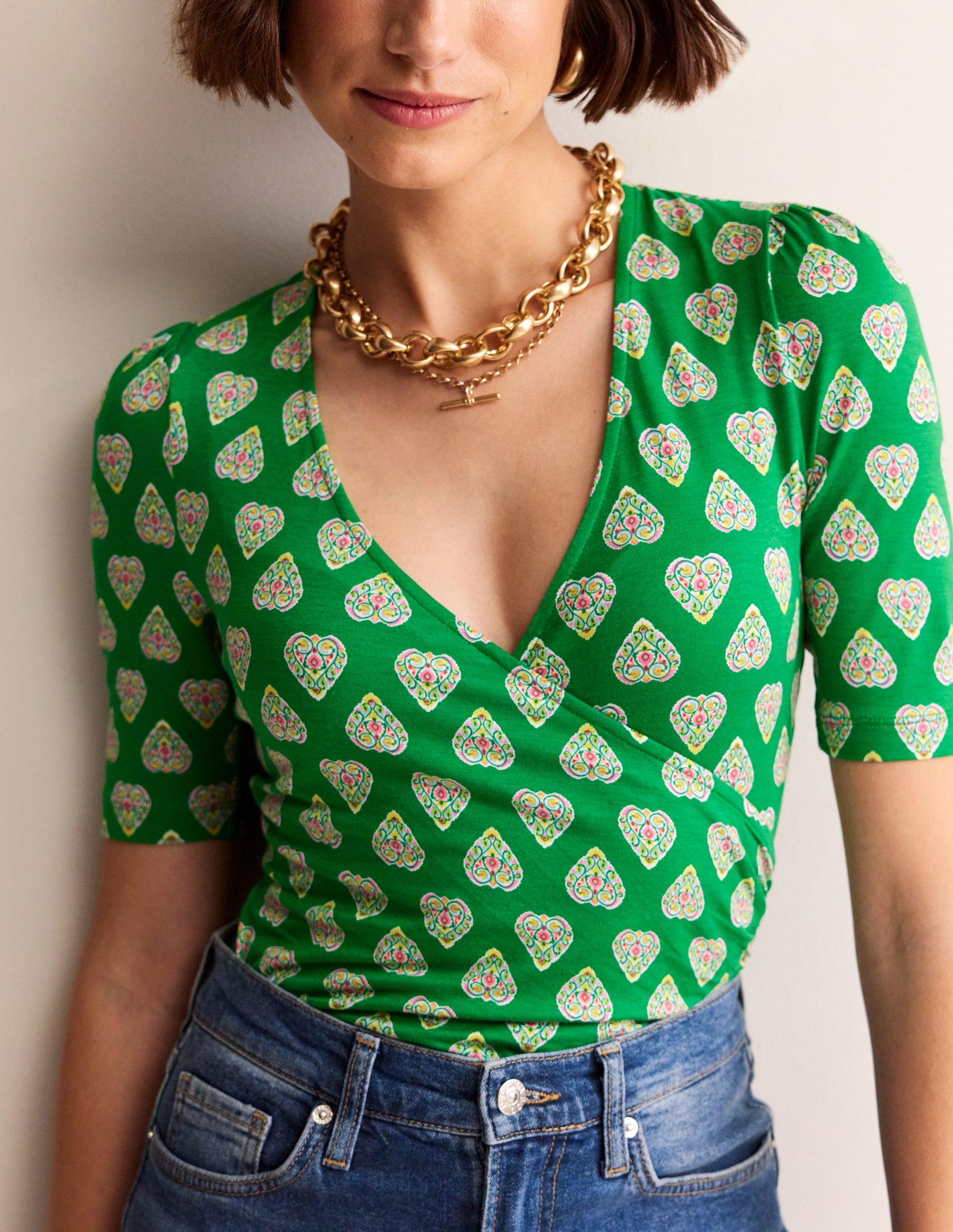 Wrap Front Jersey Top-Green Tambourine, Flora Stamp-2