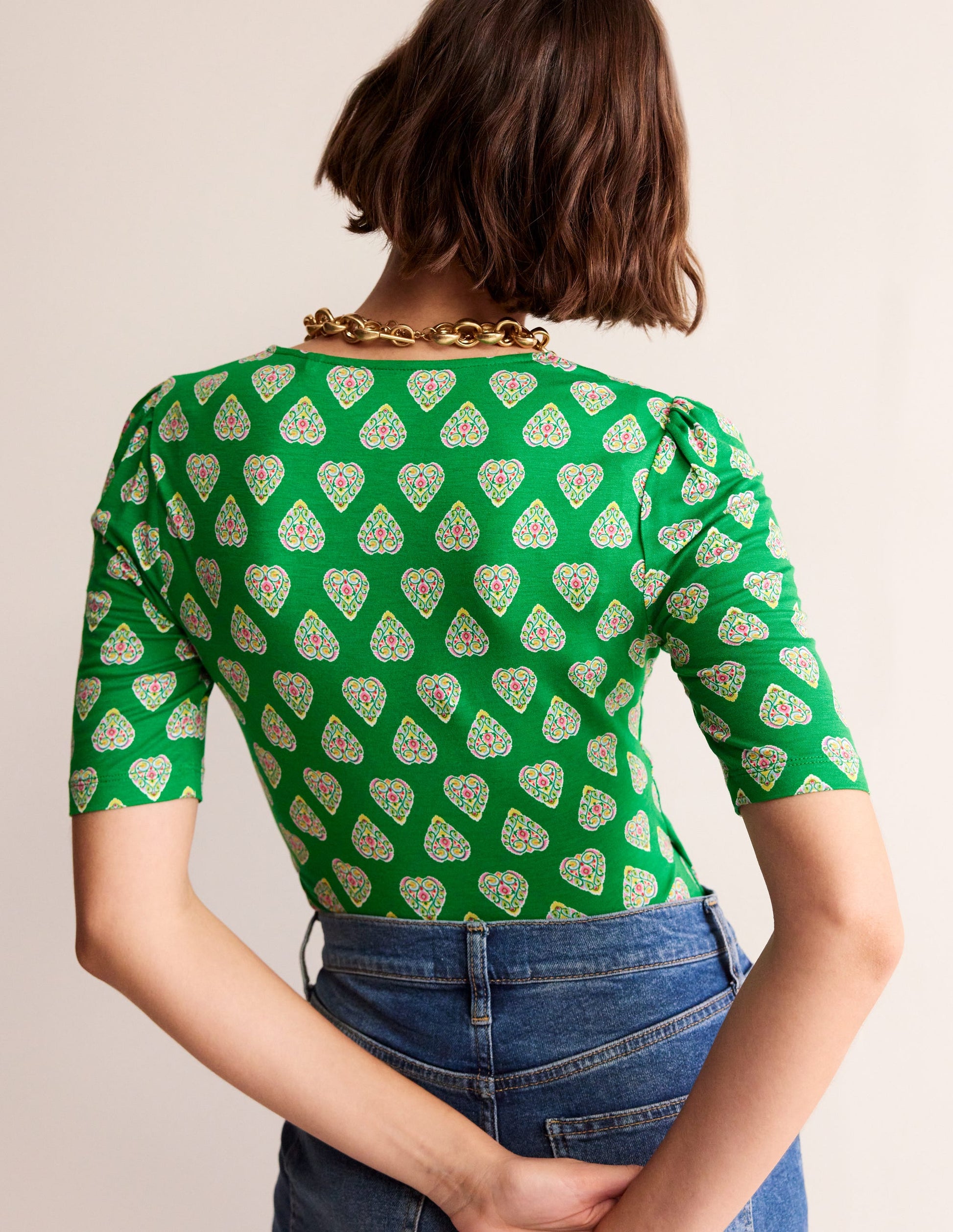 Wrap Front Jersey Top-Green Tambourine, Flora Stamp-3