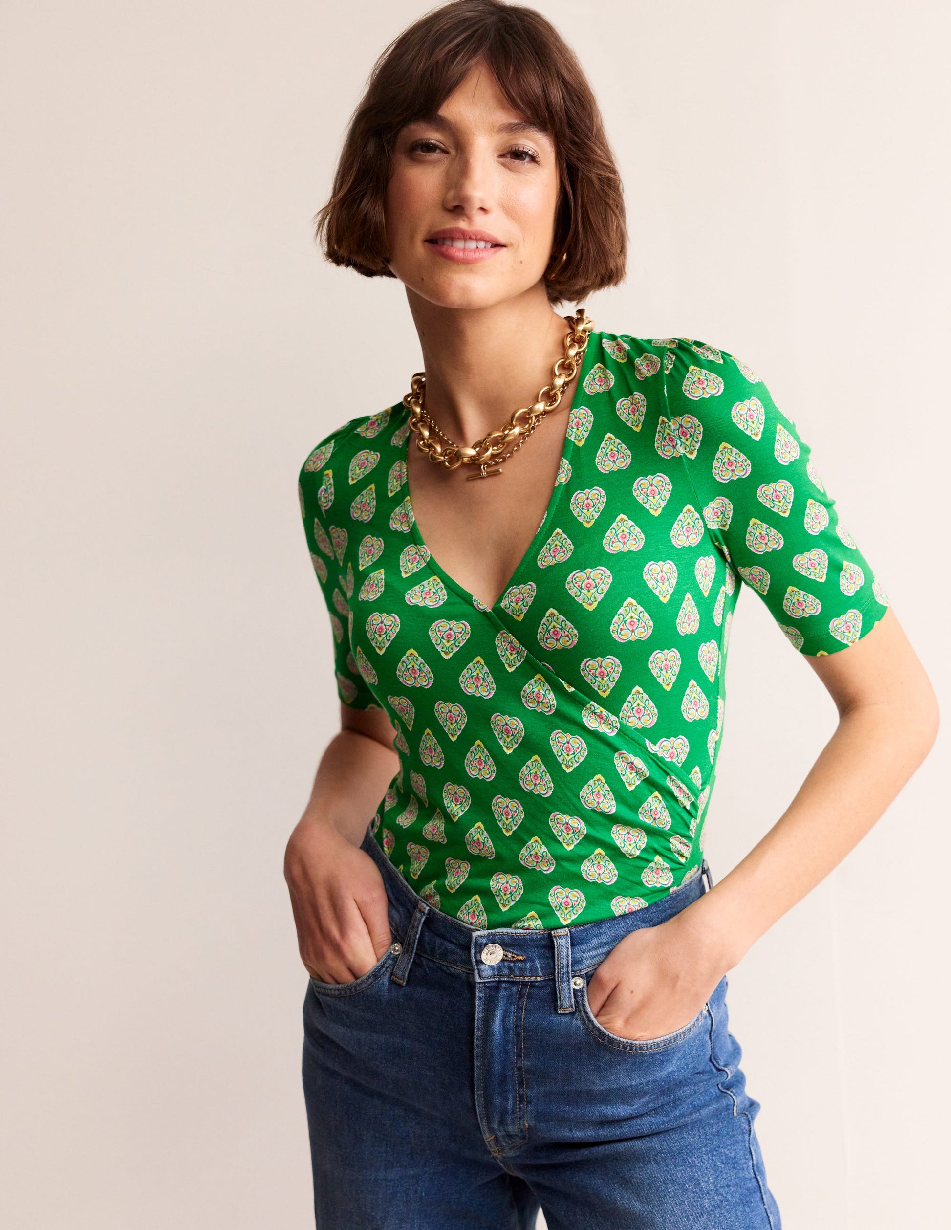 Wrap Front Jersey Top-Green Tambourine, Flora Stamp-4