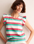 Towelling Frilled T-Shirt-Ivory, Multi