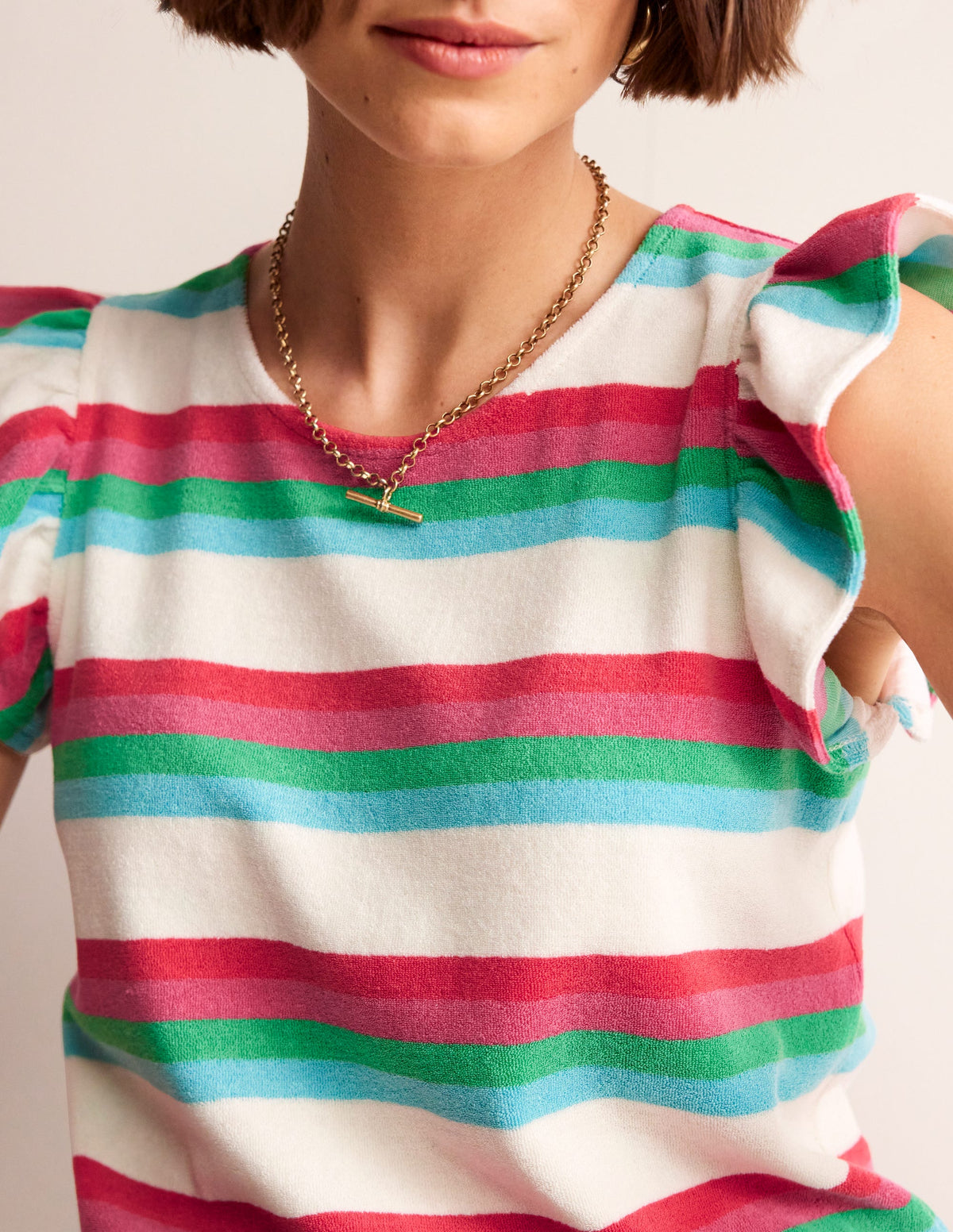 Towelling Frilled T-Shirt-Ivory, Multi - Image 2