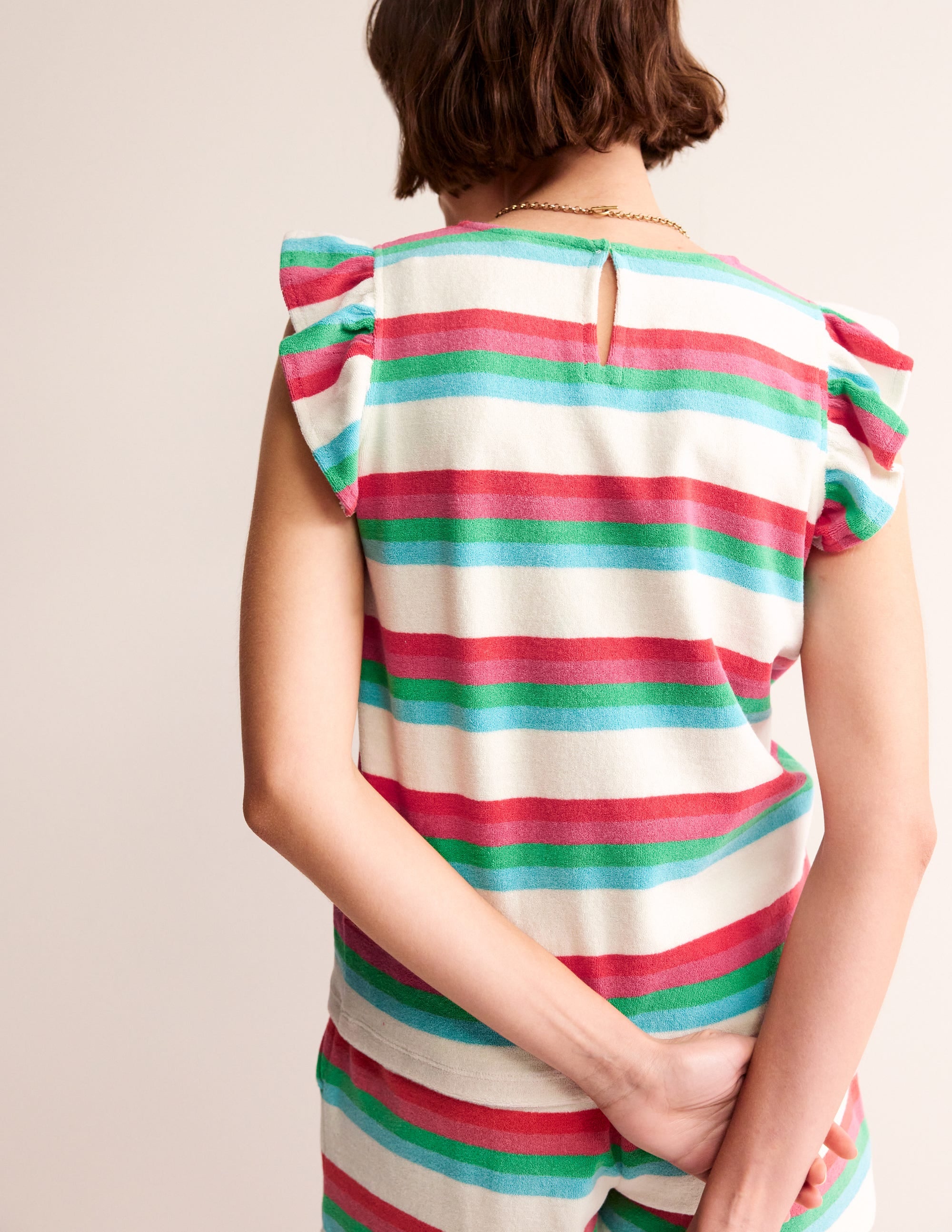Towelling Frilled T-Shirt-Ivory, Multi - Image 3