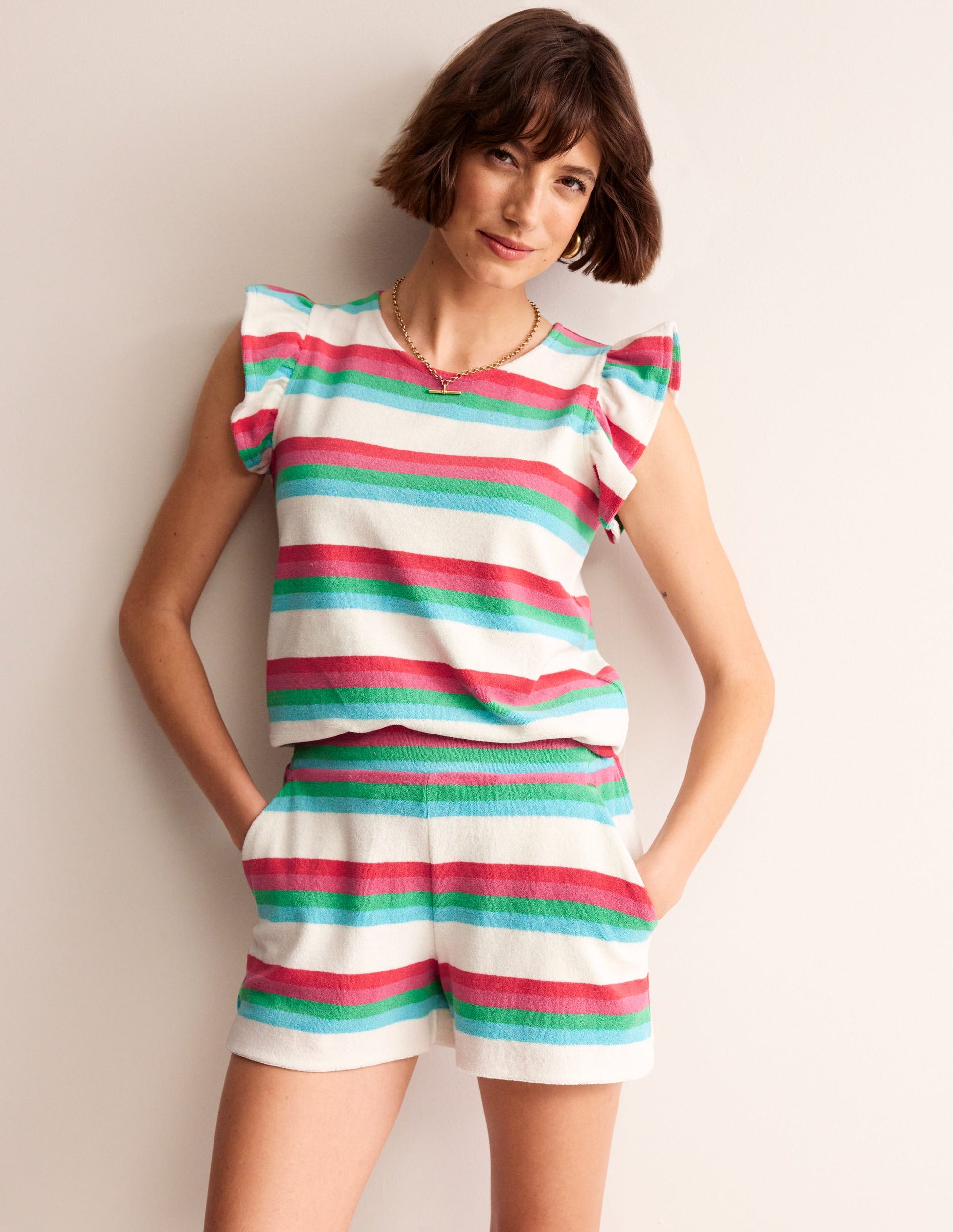 Towelling Frilled T-Shirt-Ivory, Multi-4