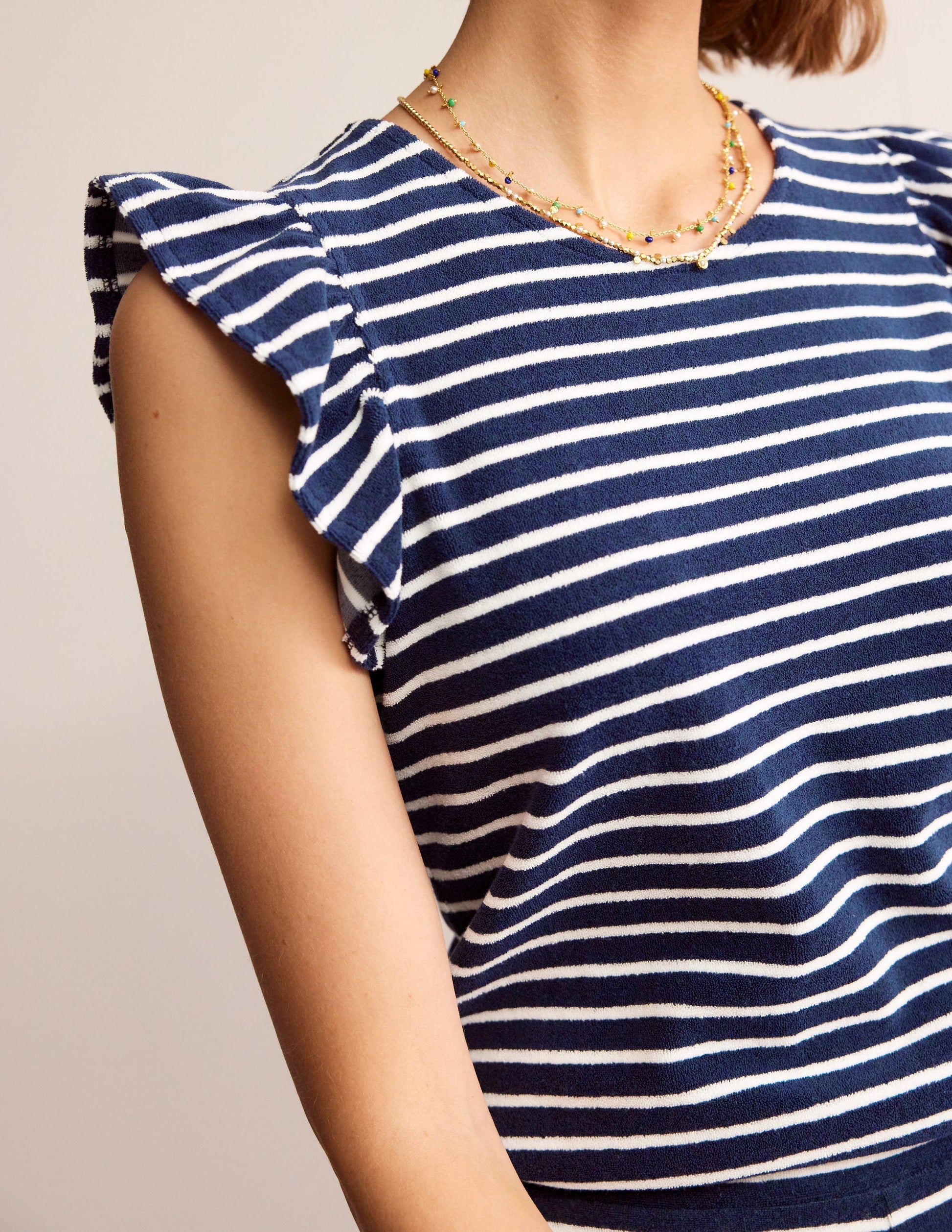 Towelling Frilled T-Shirt-Ivory, Navy-2