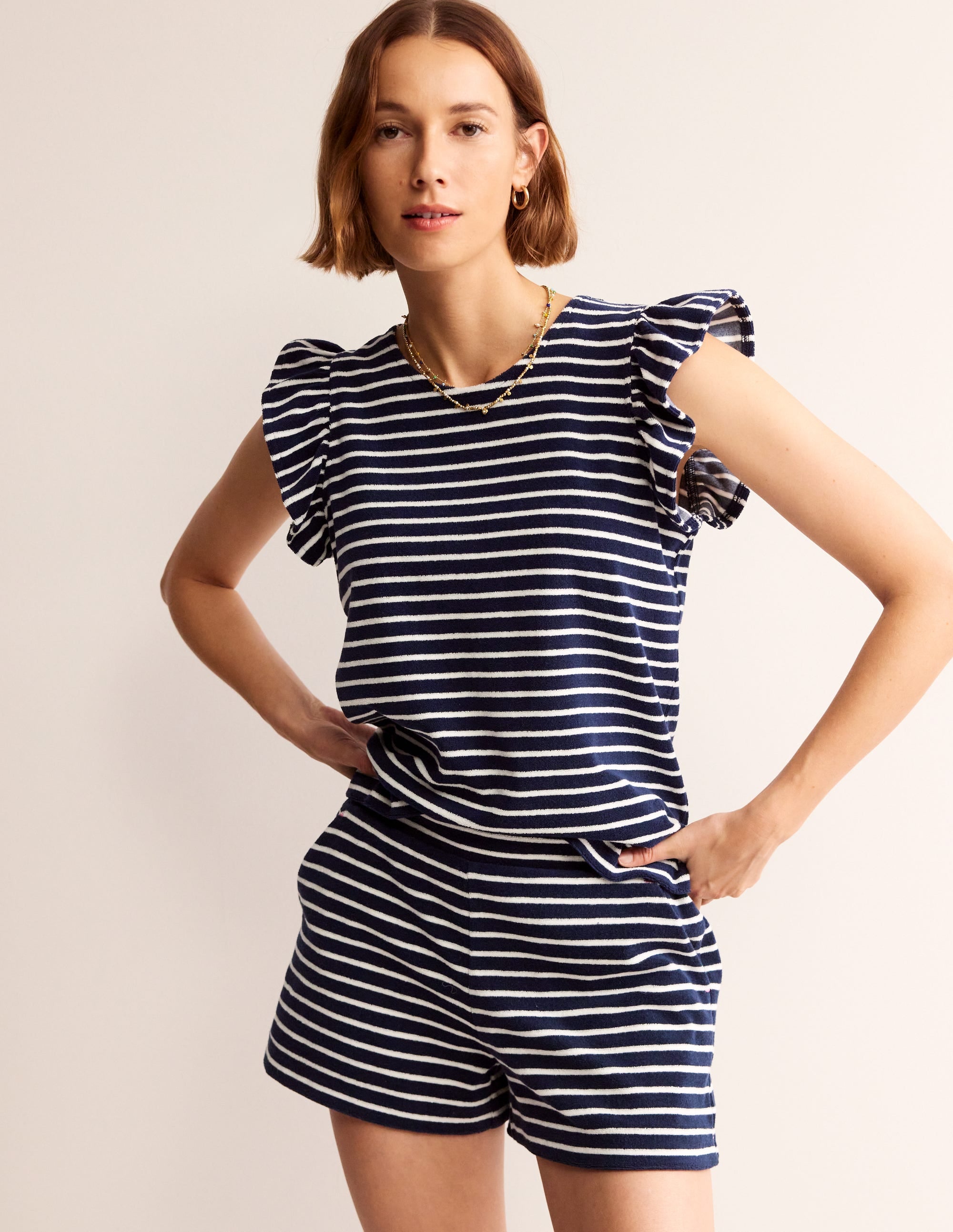 Towelling Frilled T-Shirt-Ivory, Navy - Image 4