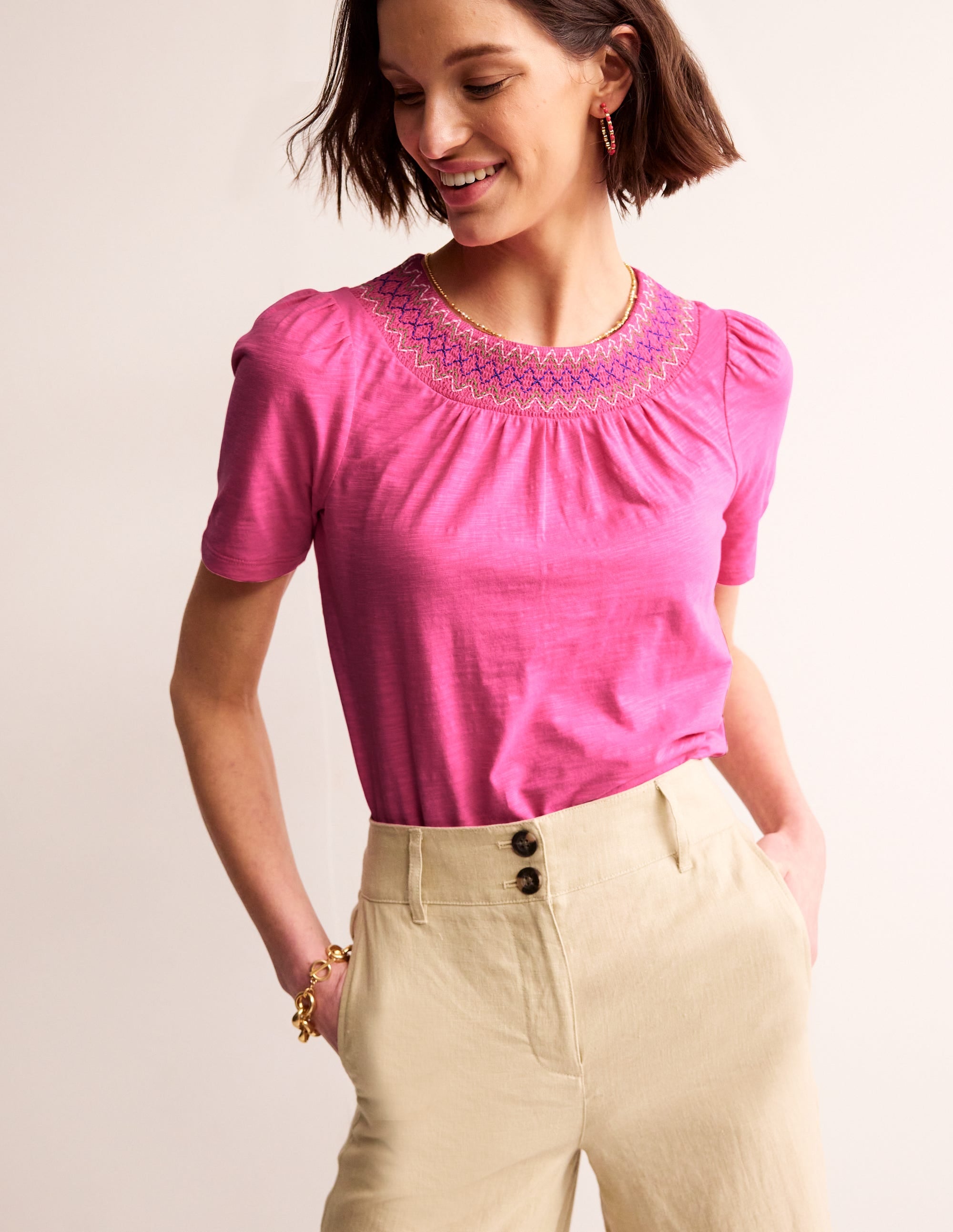 Smock Neck Puff Sleeve Top-Sangria Sunset - Image 1