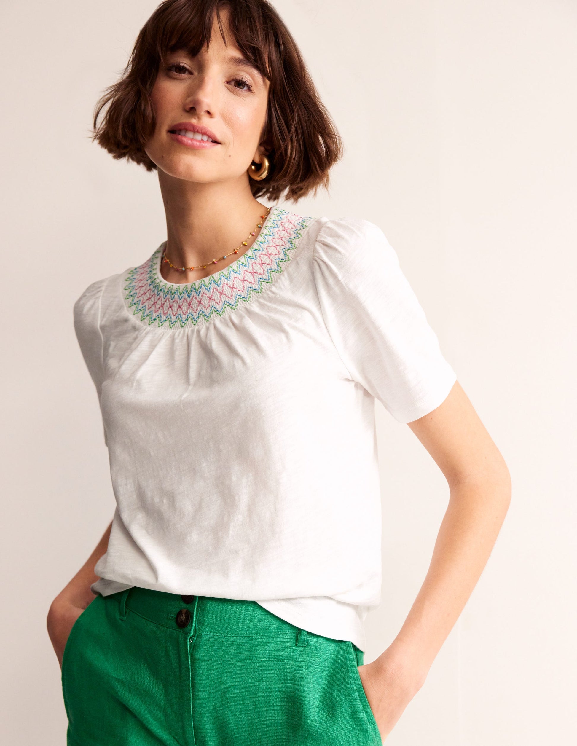 Smock Neck Puff Sleeve Top-White-1