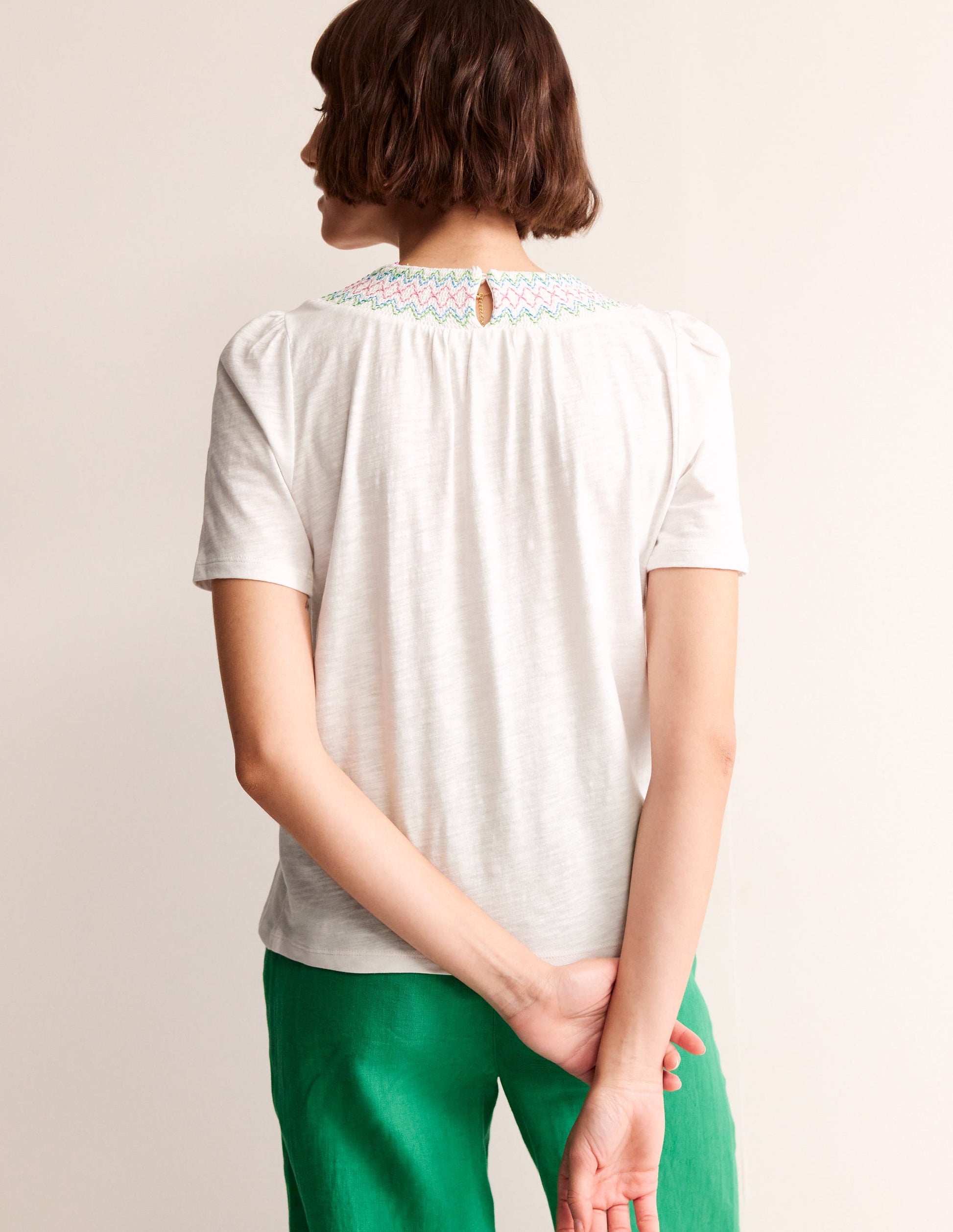 Smock Neck Puff Sleeve Top-White-3