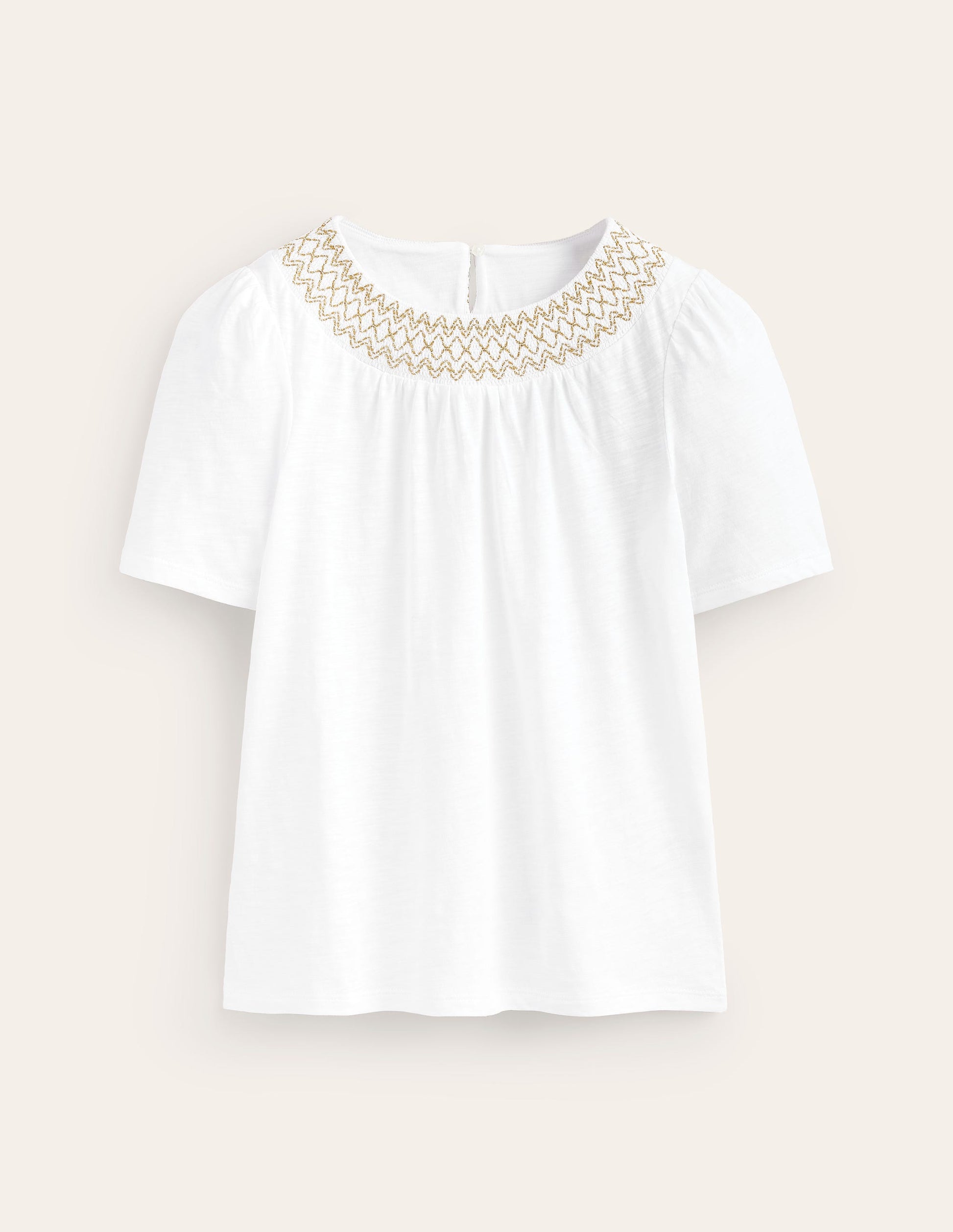 Smock Neck Puff Sleeve Top-White, Gold Metallic-5